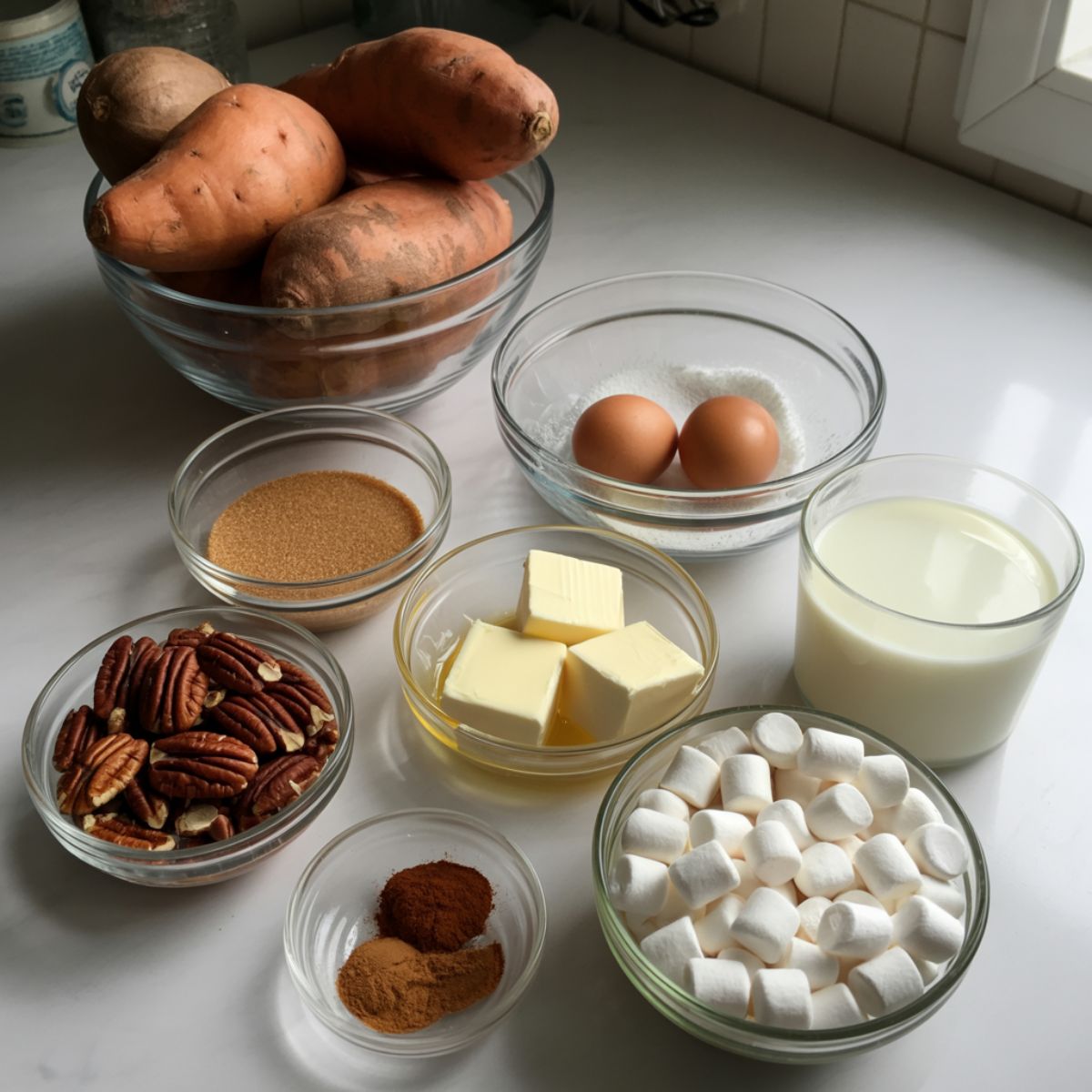 Overhead image of ingredients for a homemade loaded sweet potato casserole on a white kitchen counter, including sweet potatoes, brown sugar, pecans, butter, eggs, and marshmallows.