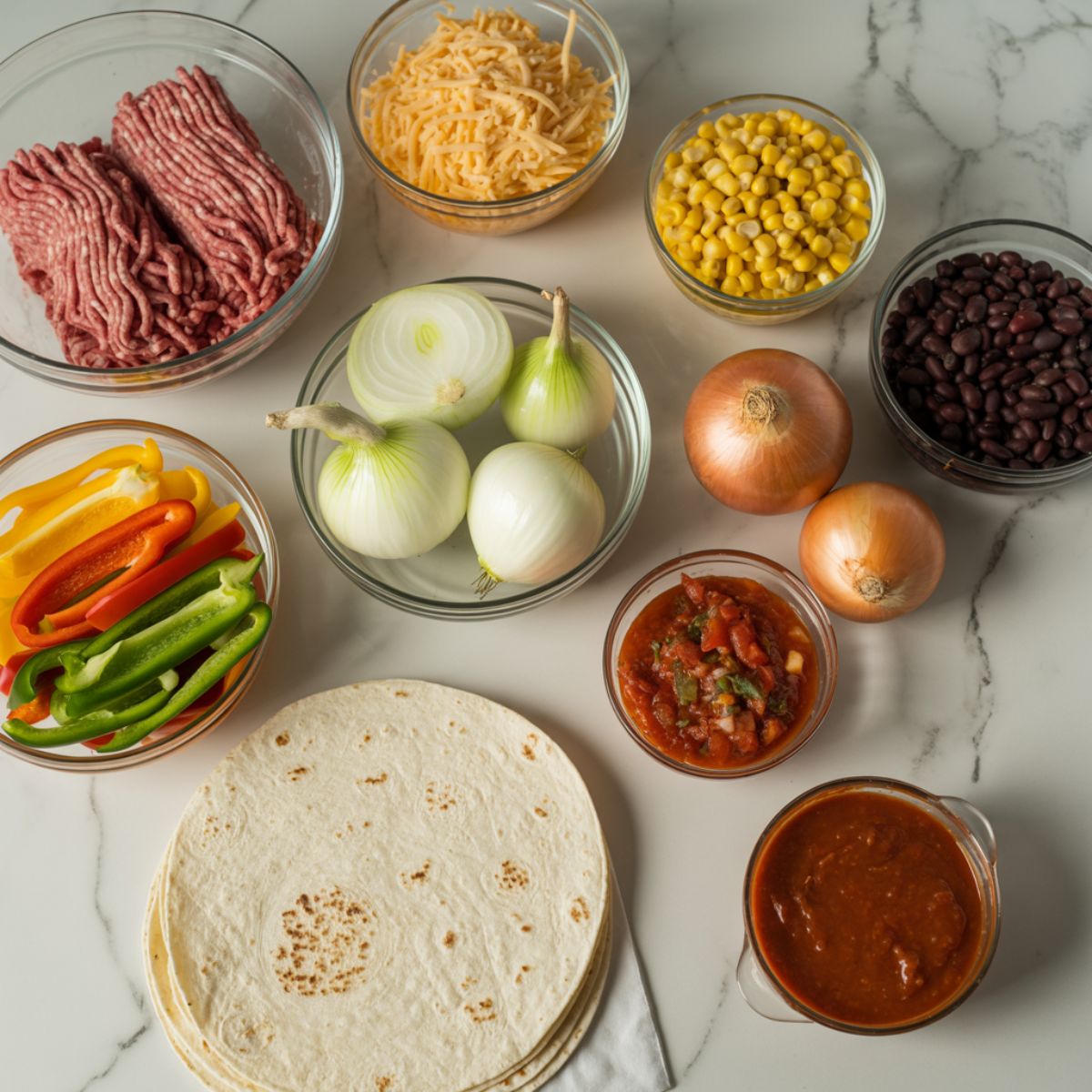 Overhead view of Tex-Mex casserole ingredients on a white marble counter — beef, beans, cheese, peppers, corn, tortillas, and sauce in casual bowls.