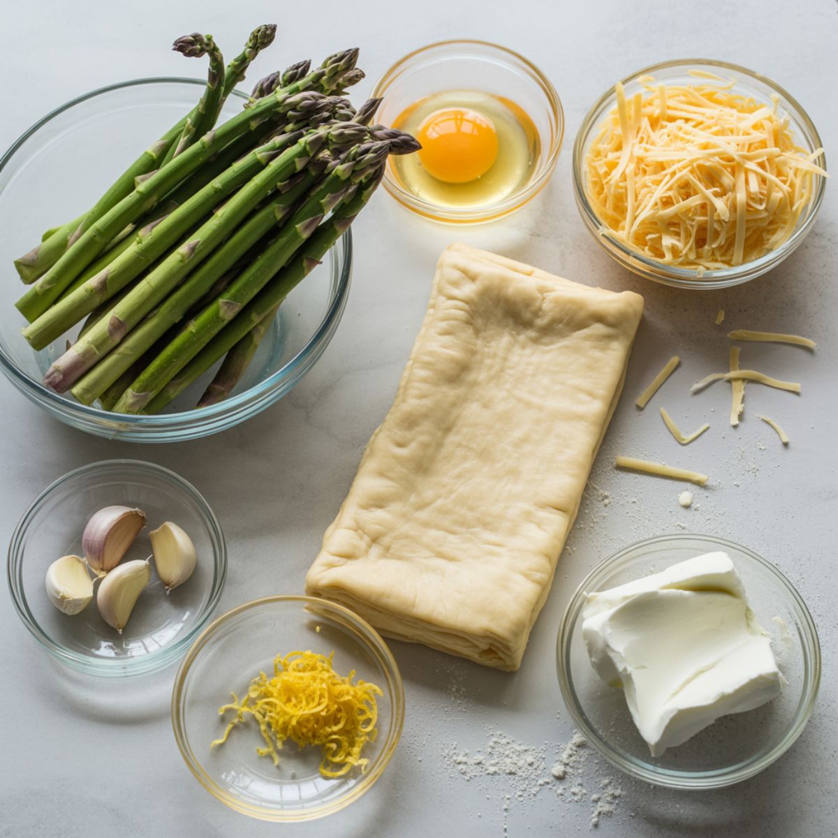 Flatlay of asparagus puff pastry ingredients including asparagus, puff pastry sheet, cheese, egg, and lemon zest on a white marble kitchen counter.