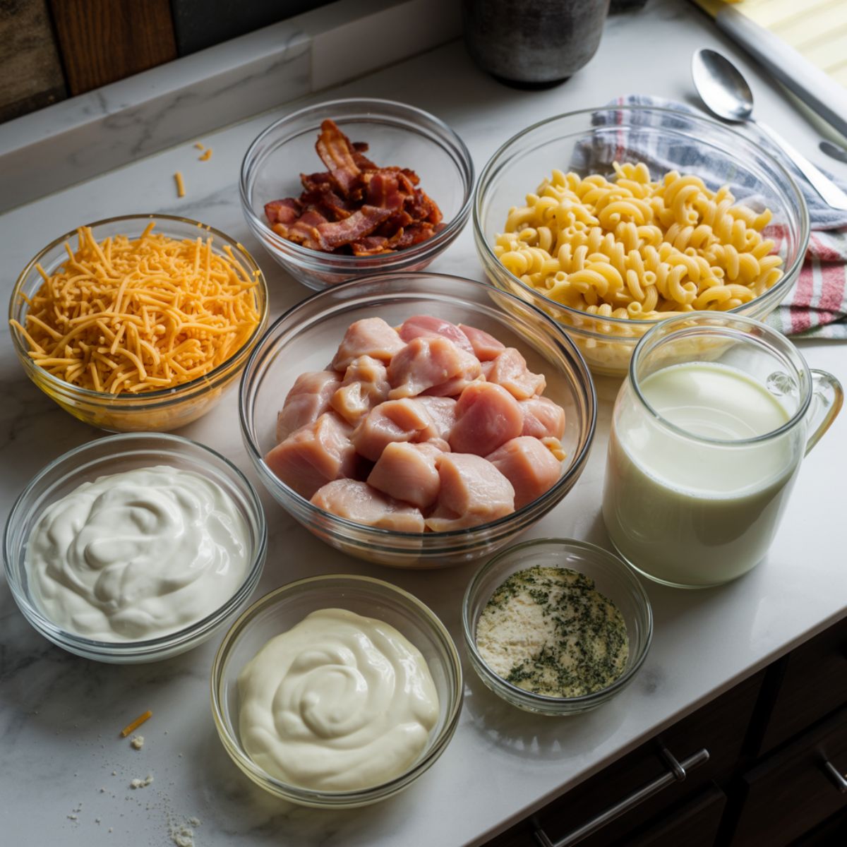 Overhead photo of bacon ranch casserole ingredients on a white counter, including bacon, chicken, pasta, cheese, and ranch mix in small bowls with a homemade casual setup.