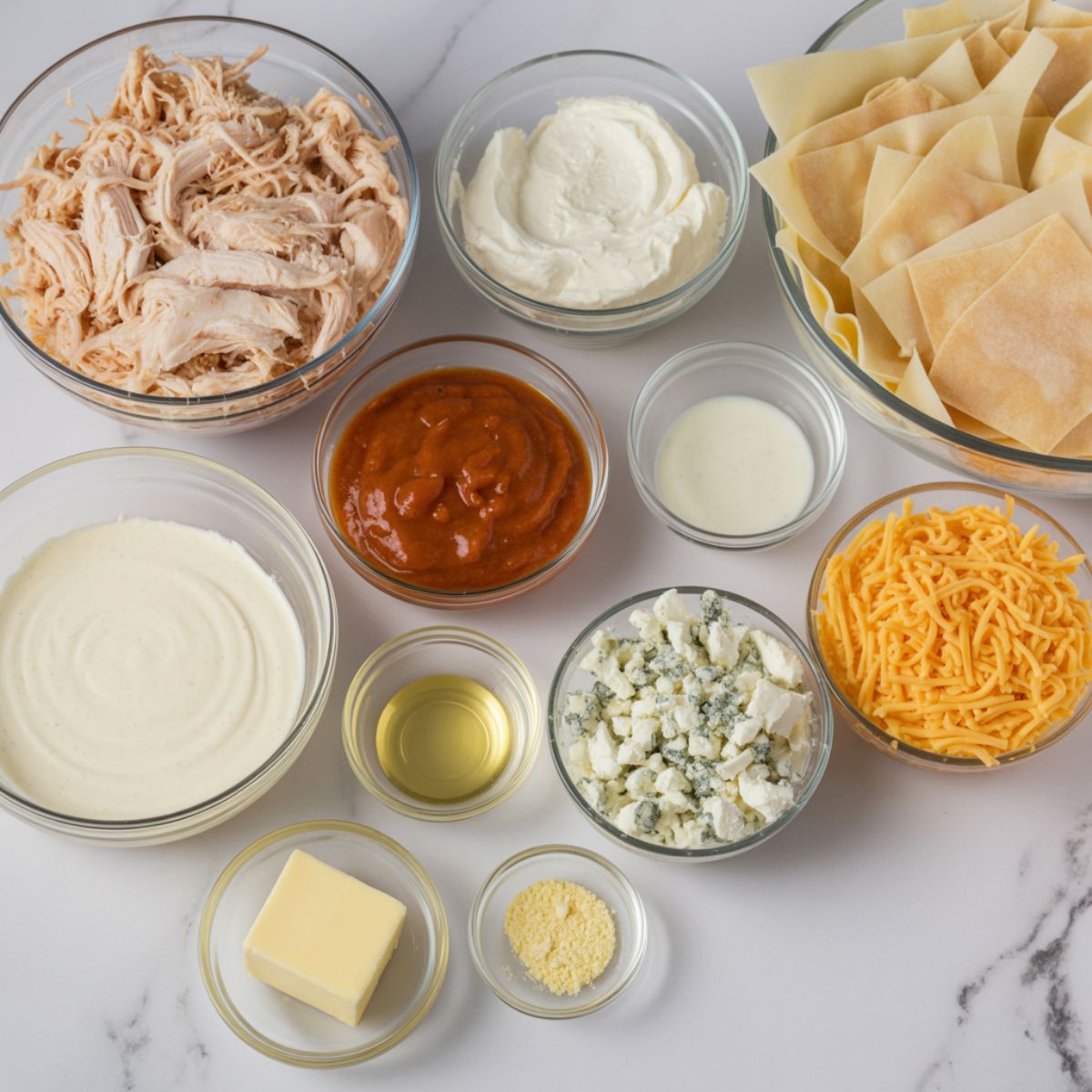 Flat lay of buffalo chicken cup ingredients on a white marble counter — shredded chicken, buffalo sauce, cream cheese, ranch, cheddar, and wonton wrappers arranged casually in glass bowls.