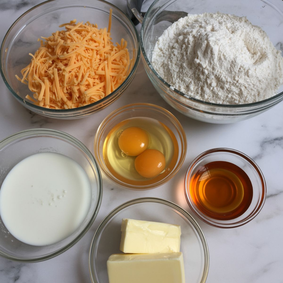 Flat lay of cheddar bread ingredients — shredded cheddar, flour, eggs, butter, buttermilk, and honey on a white marble counter, rustic homemade style.