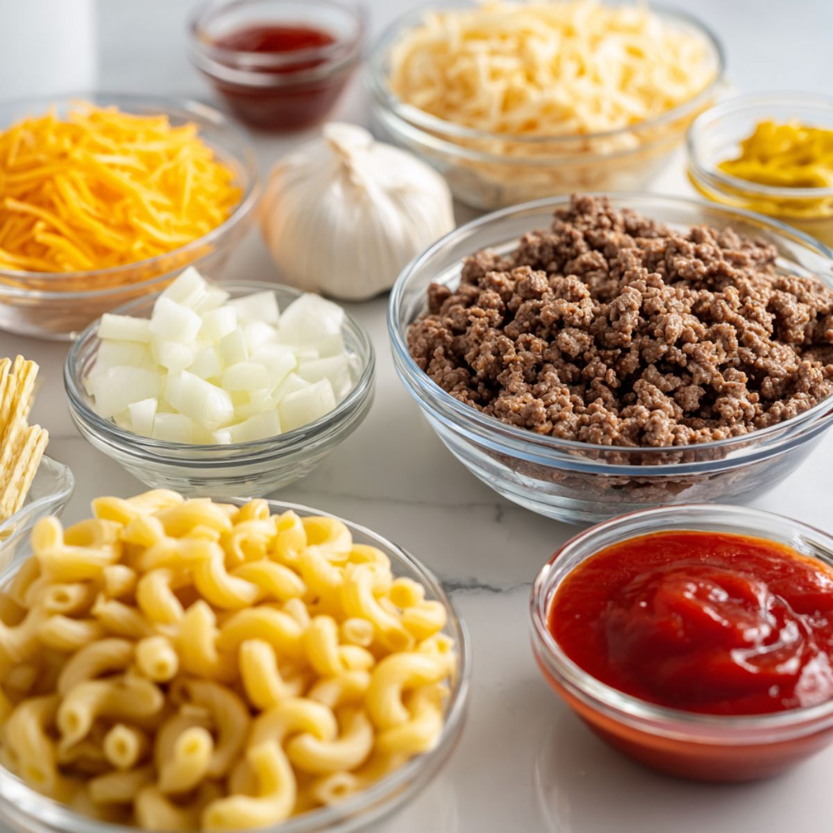 Flat lay of cheeseburger pasta ingredients on a white kitchen counter including ground beef, pasta, cheddar cheese, onion, garlic, ketchup, mustard, and tomato sauce.