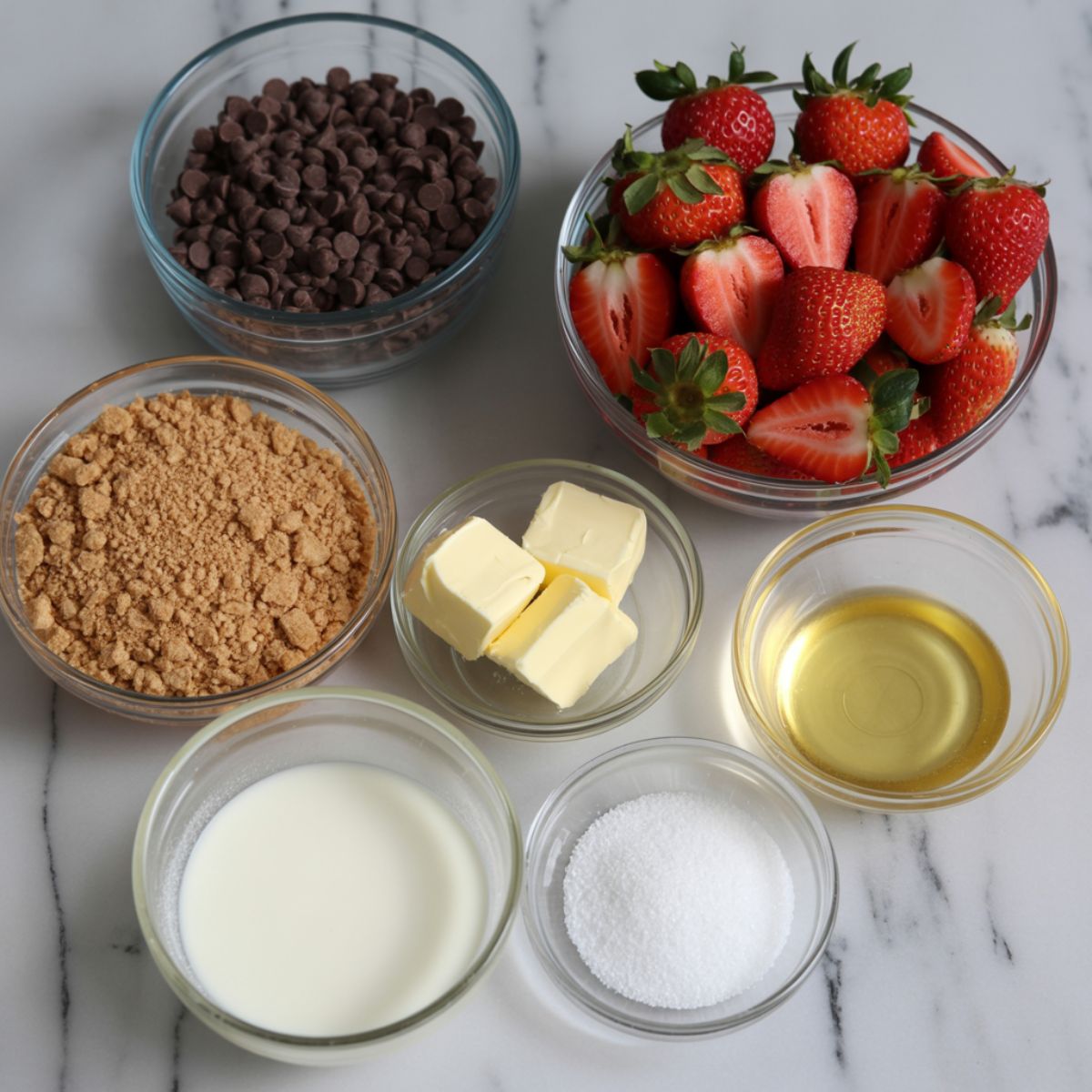 Overhead photo of fresh strawberries, chocolate chips, graham cracker crumbs, butter, cream, and sugar on a white marble counter for making chocolate strawberry pie.