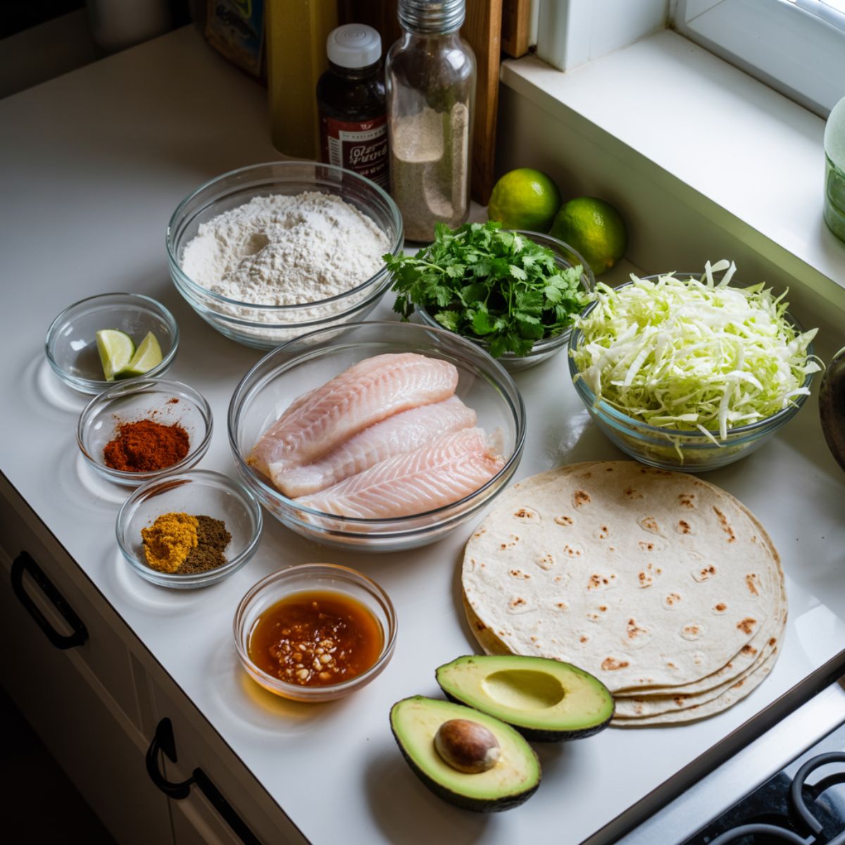 Overhead photo of fresh ingredients for crispy fish tacos on a white kitchen counter, including fish fillets, flour, beer, lime, and cabbage, arranged casually for a homemade look.