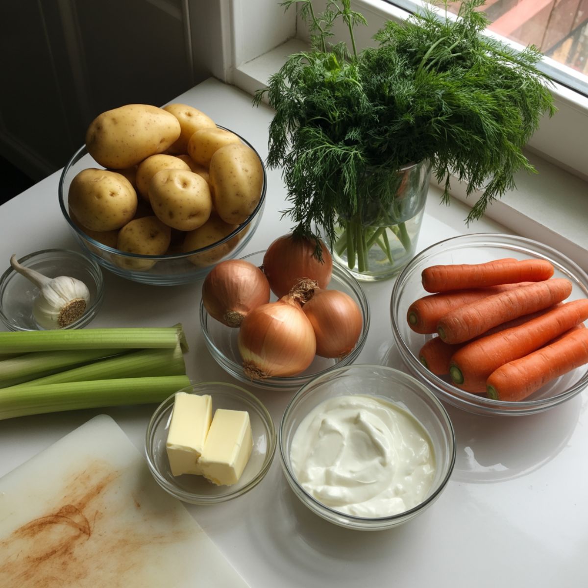 Overhead photo of fresh dill potato soup ingredients — potatoes, dill, carrots, onions, garlic, cream, and butter — arranged casually on a white kitchen counter.