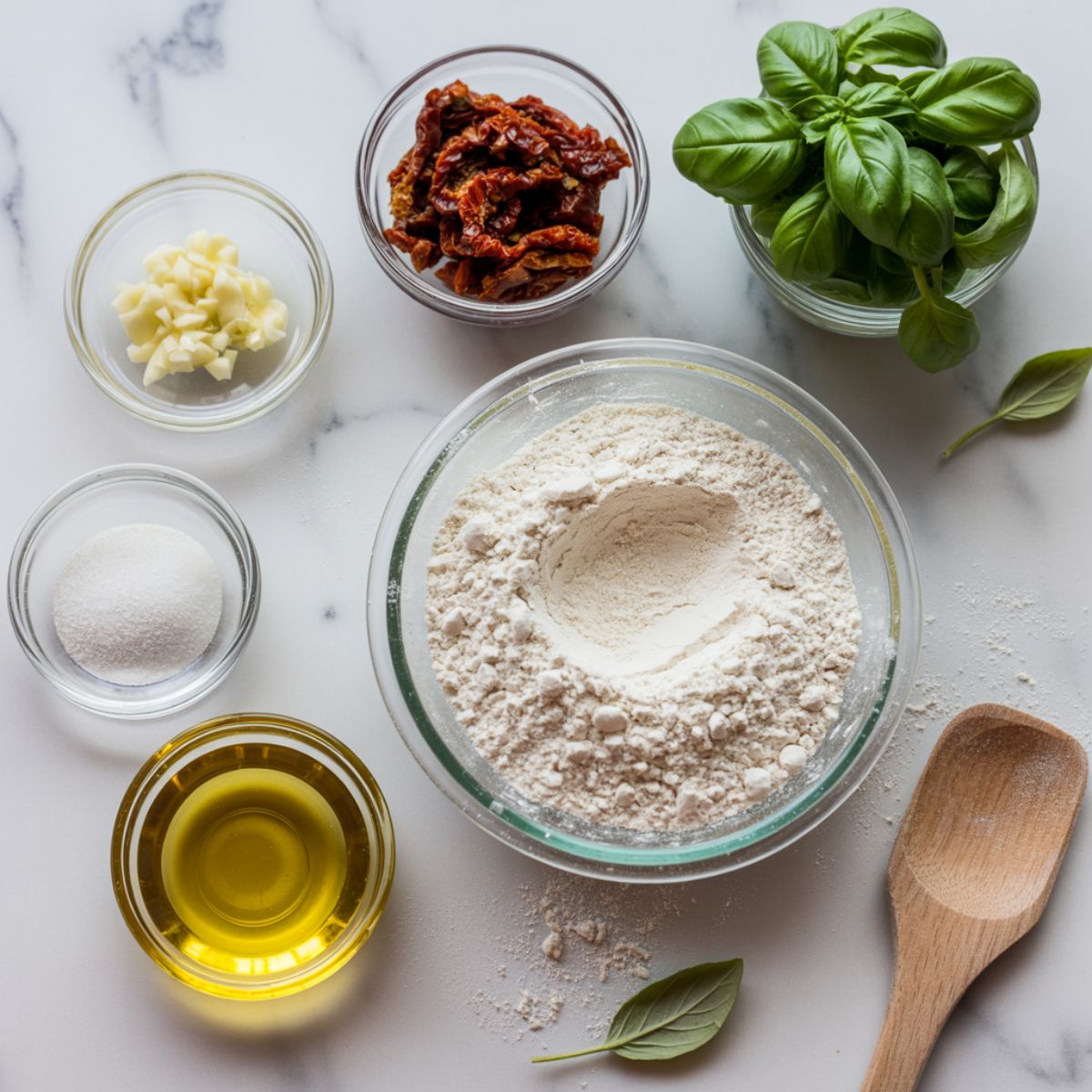 Overhead view of ingredients for dried tomato bread: flour, sun-dried tomatoes, basil, garlic, and olive oil on a white kitchen counter.