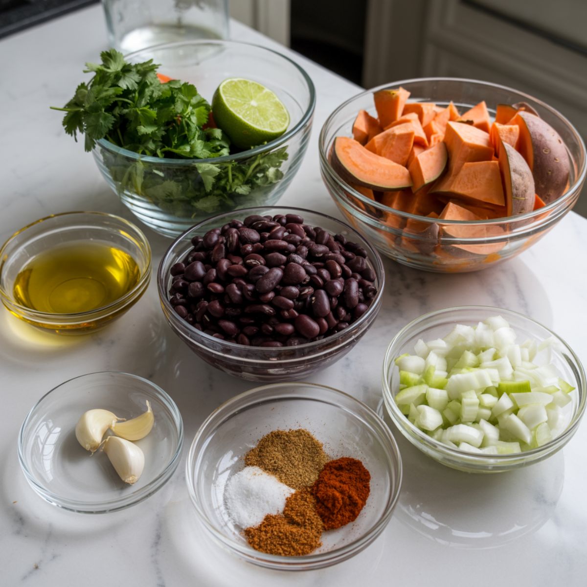 Overhead photo of diced sweet potatoes, black beans, onions, spices, and fresh cilantro arranged on a white marble counter for empanada filling.