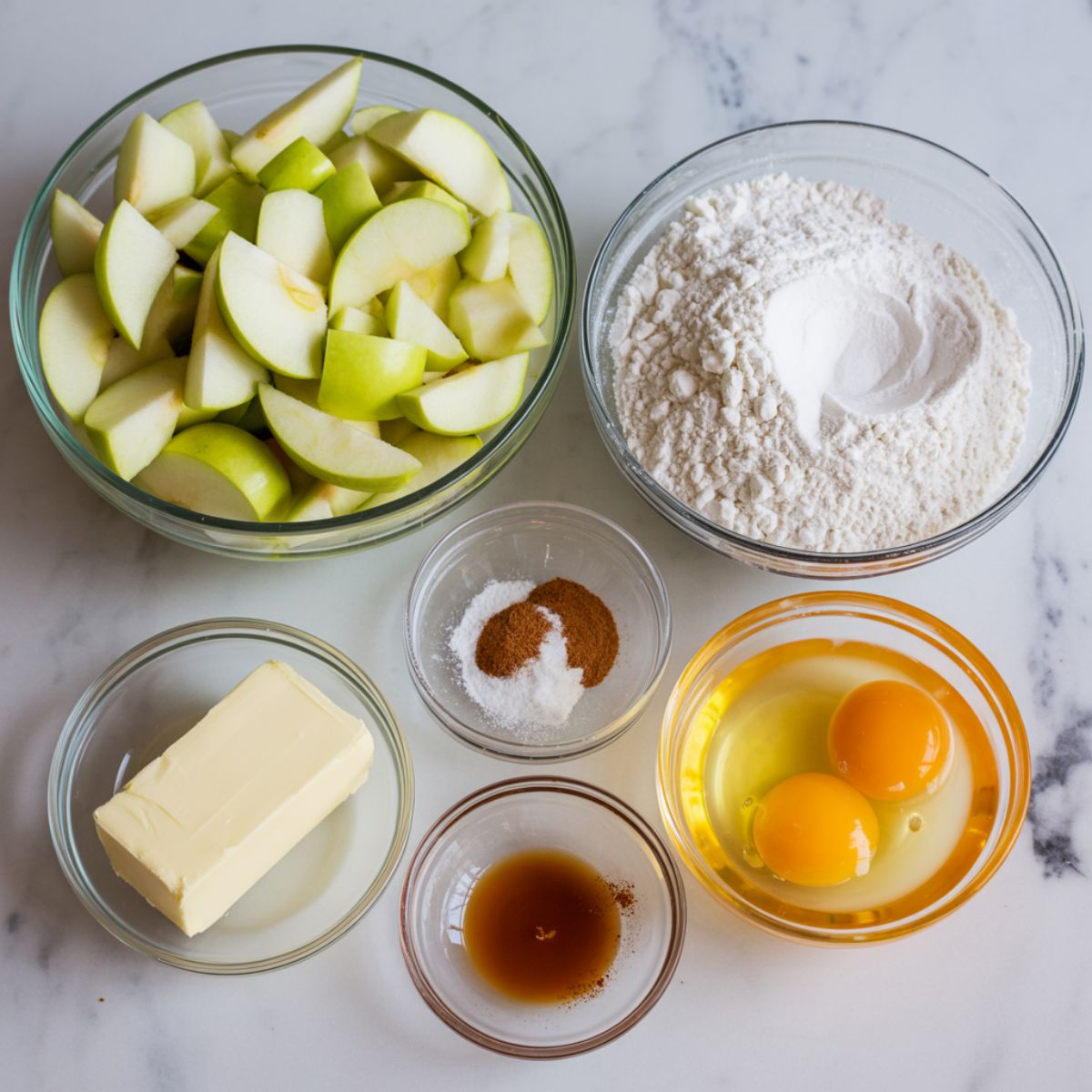 Overhead photo of diced apples, flour, cinnamon, nutmeg, butter, and eggs on a white marble counter for making apple cinnamon streusel bread.
