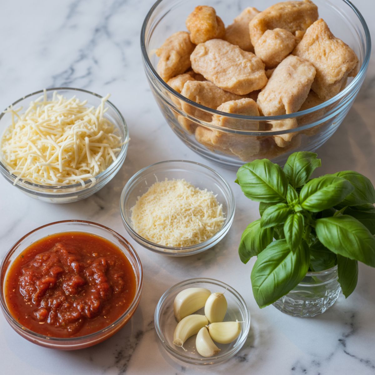 Ingredients for homemade chicken nugget parmesan including nuggets, cheese, marinara sauce, and basil on a white marble counter, photographed overhead.