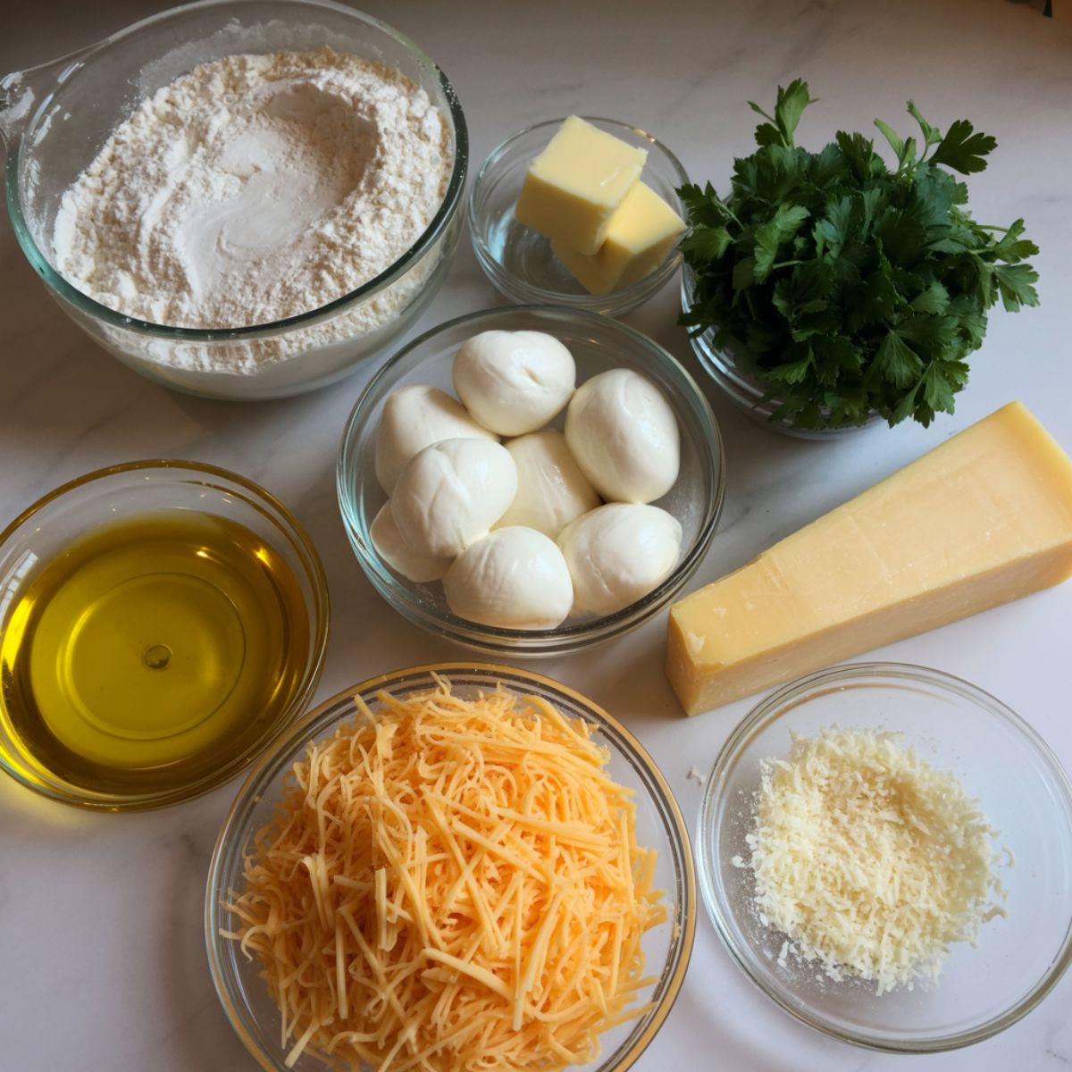 Overhead shot of ingredients for stuffed cheesy garlic bread including flour, garlic, butter, mozzarella, parsley, and olive oil on a white kitchen counter.
