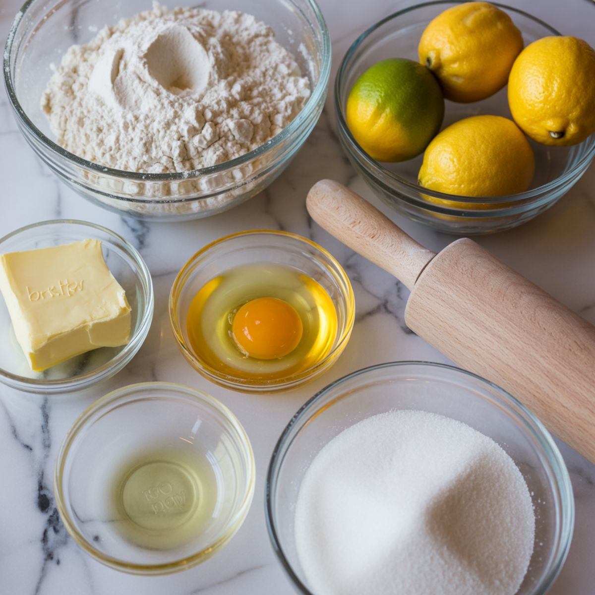 Flat lay of croissant ingredients including flour, butter, lemons, eggs, and sugar on a white marble counter with a natural homemade feel.