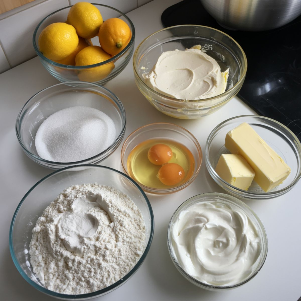 Flat lay of ingredients for lemon cheesecake cupcakes — lemons, cream cheese, eggs, butter, and sugar — on a white counter in natural light.