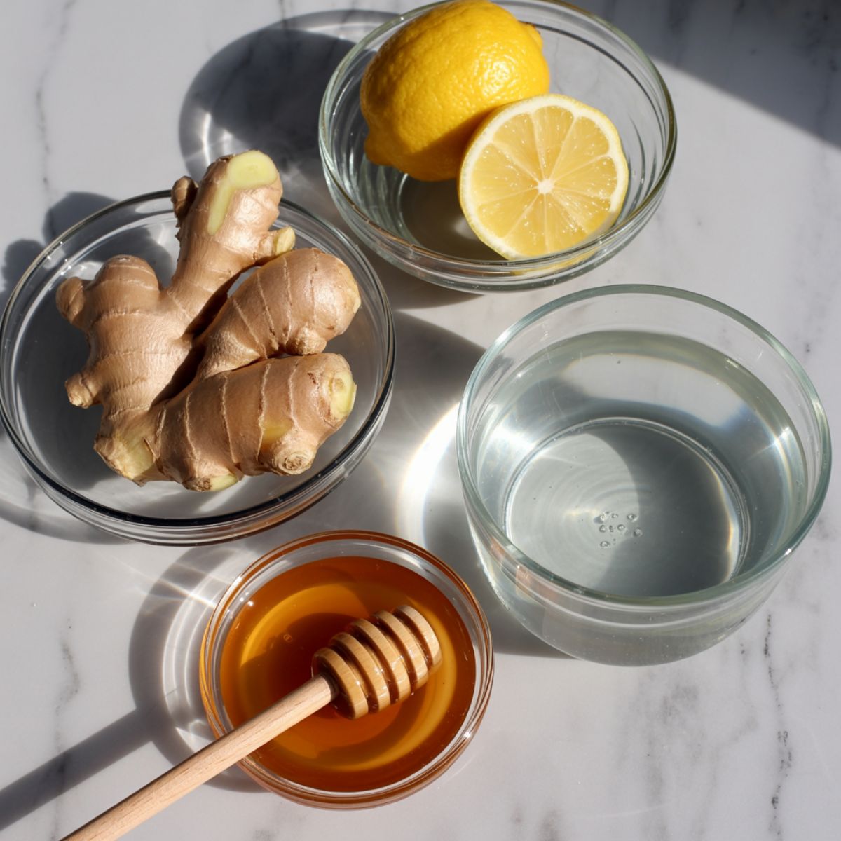 Overhead flat lay of lemon, ginger, and honey ingredients for homemade lemon ginger honey tea on a white marble kitchen counter, natural daylight with soft shadows and casual arrangement.