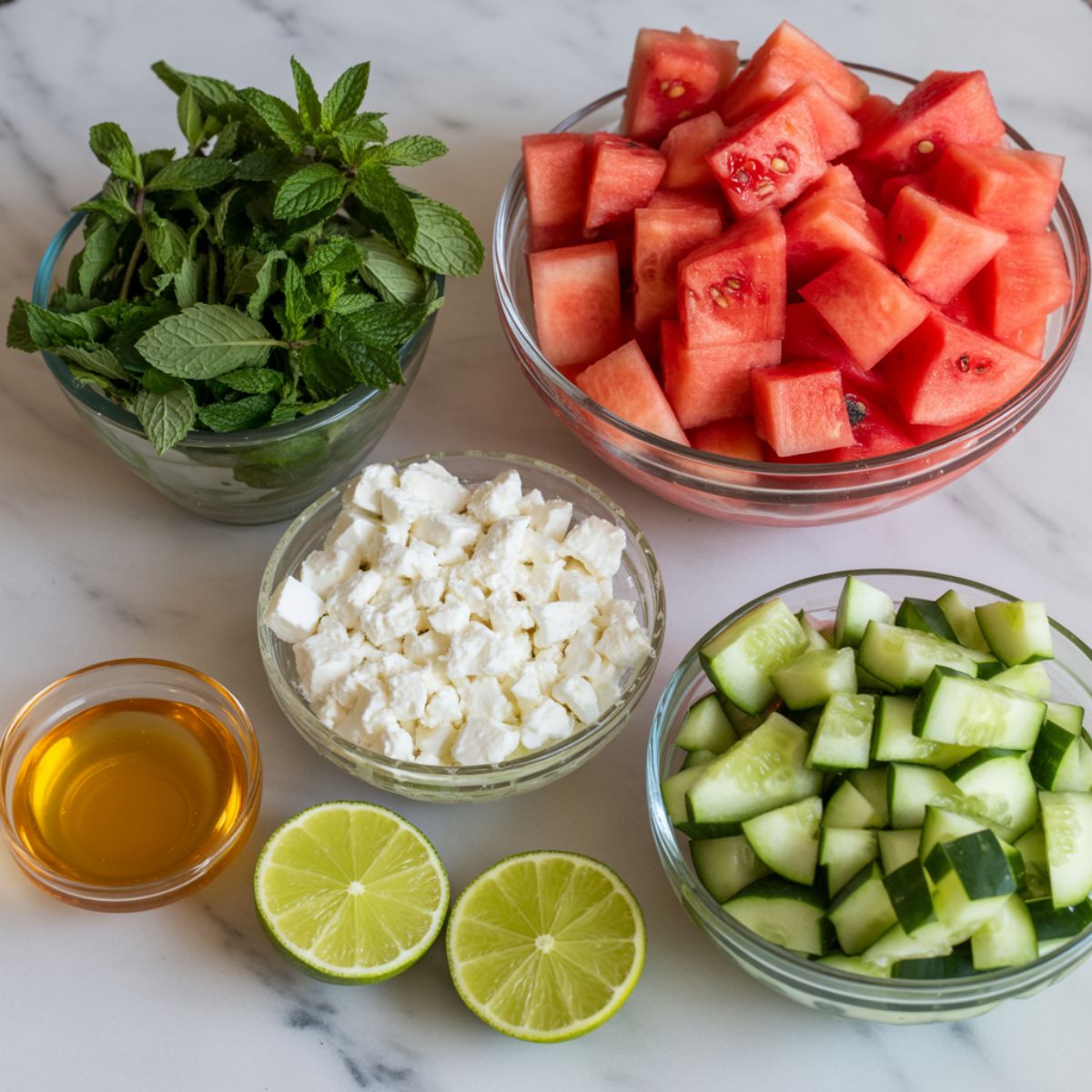 Overhead view of ingredients for watermelon mint salad, including watermelon cubes, mint, feta, cucumber, lime, and honey on a white marble counter.
