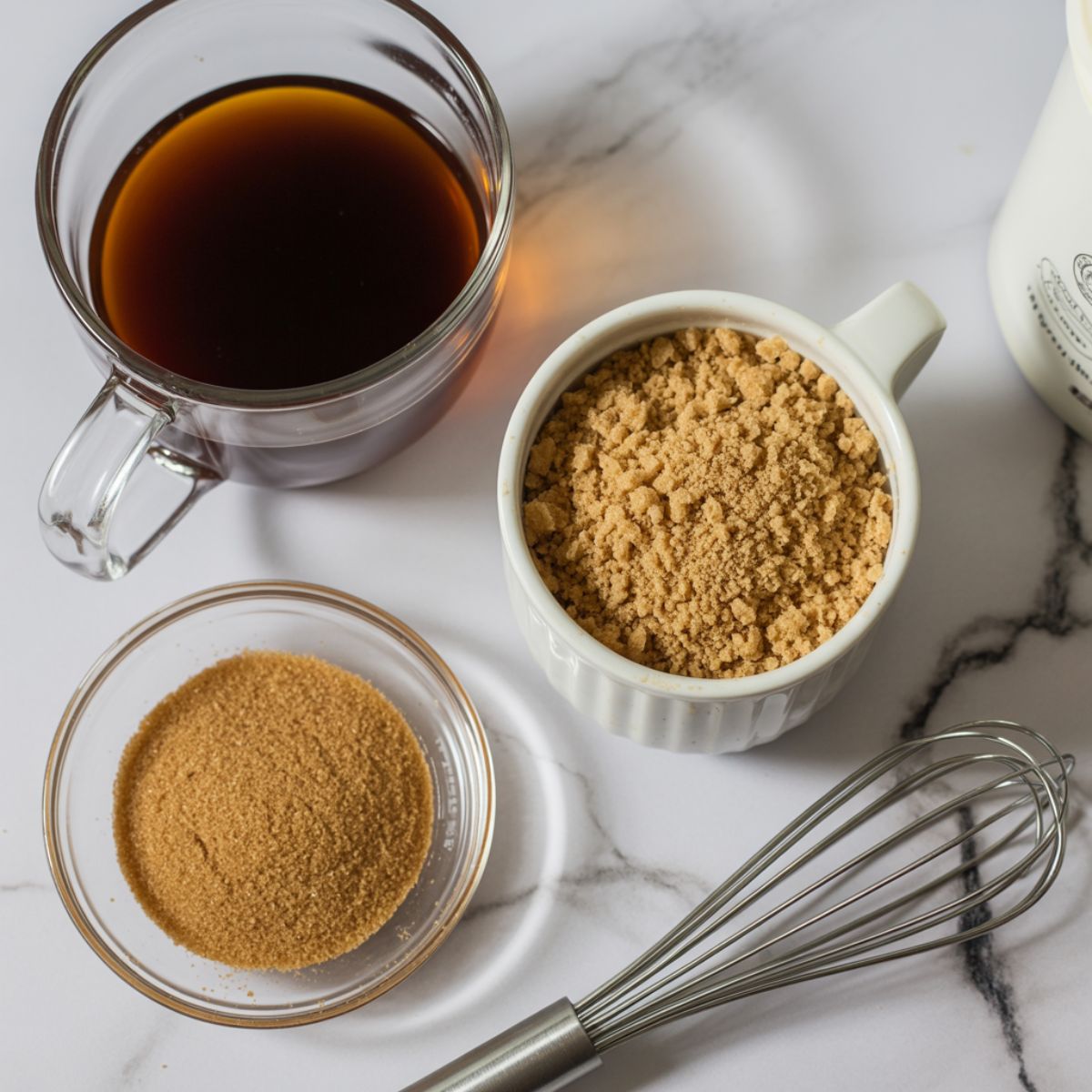 Flat lay of Irish Cream Coffee ingredients including Baileys, whiskey, coffee mug, brown sugar, and cream on a white kitchen counter with natural light.