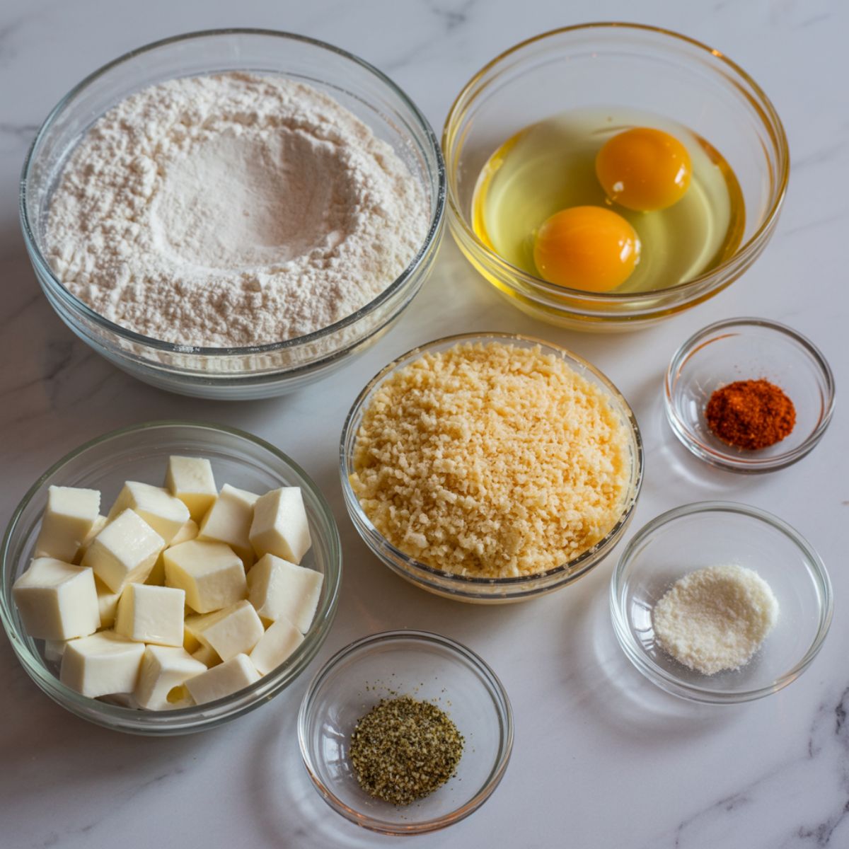 Flat lay of mozzarella bites ingredients including mozzarella cubes, flour, eggs, and breadcrumbs on a white kitchen counter in a casual homemade setup.