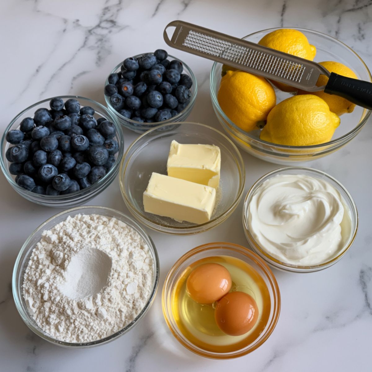 Overhead photo of ingredients for blueberry lemon bread including fresh blueberries, lemons, flour, eggs, butter, and sugar on a white marble counter.