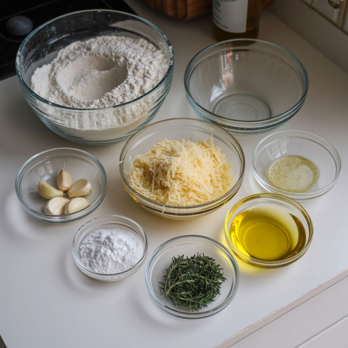 Overhead shot of parmesan bread ingredients including flour, parmesan cheese, garlic, olive oil, and herbs on a white kitchen counter.