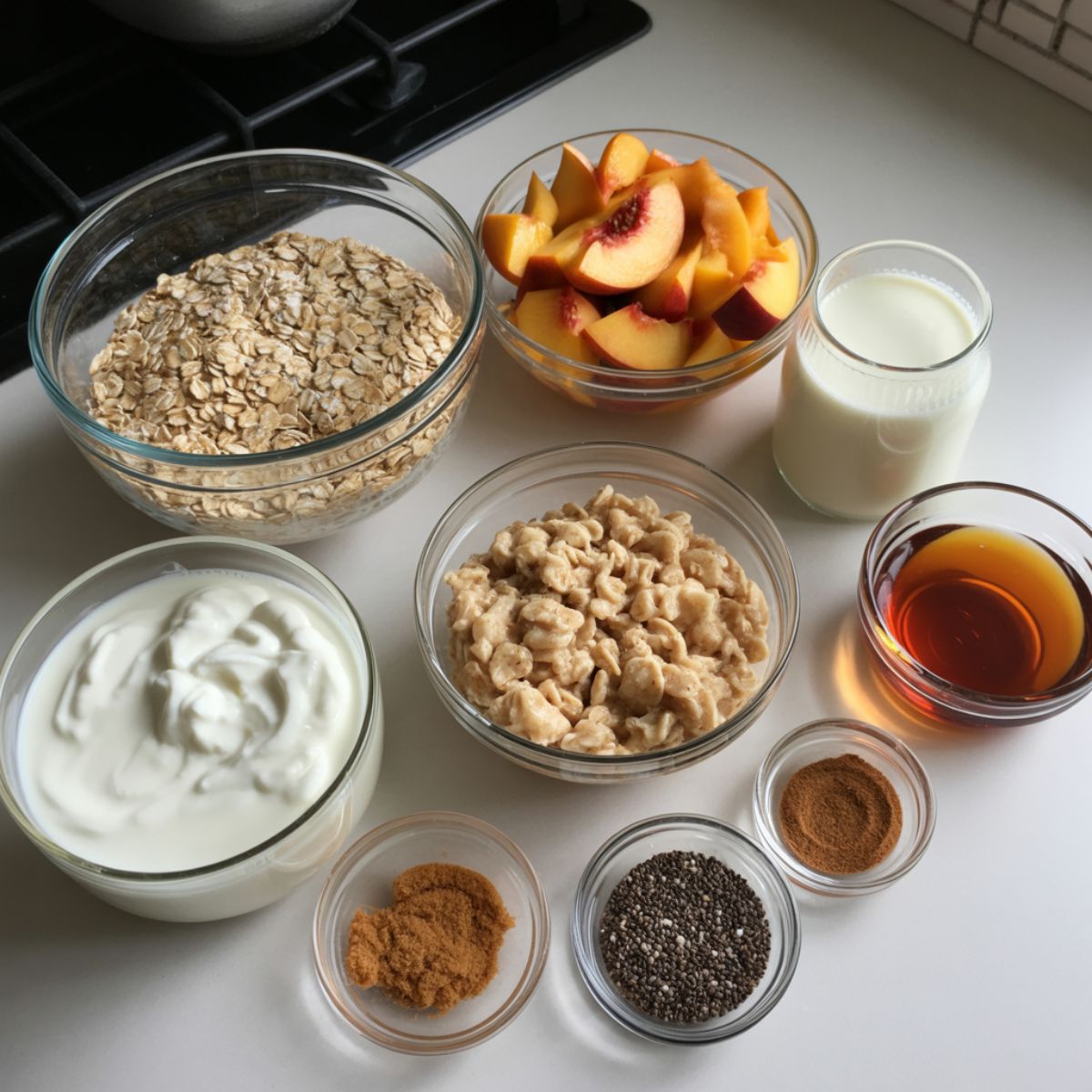 Overhead photo of peach cobbler overnight oats ingredients—rolled oats, diced peaches, Greek yogurt, milk, cinnamon, and brown sugar—on a white kitchen counter with a casual homemade setup.
