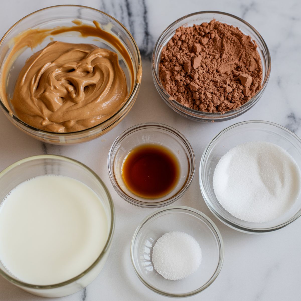 Overhead view of peanut butter hot chocolate ingredients including peanut butter, cocoa powder, milk, sugar, vanilla, and salt on a white marble counter.