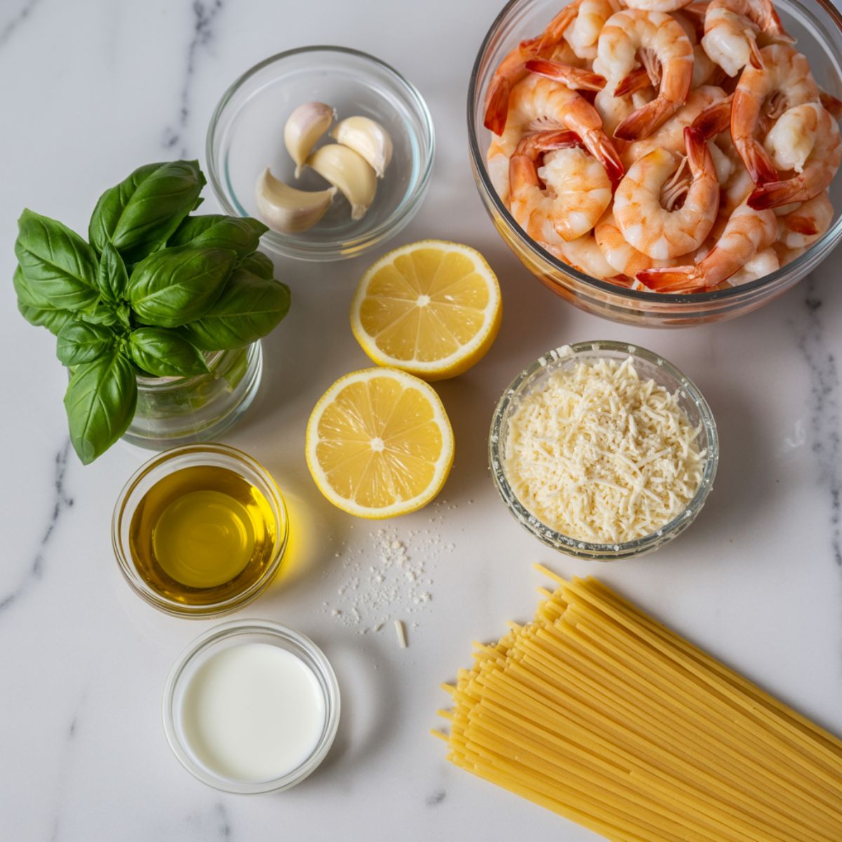 Flatlay of fresh ingredients for pesto shrimp linguine — raw shrimp, basil, garlic, olive oil, lemon, Parmesan, cream, and linguine on a white marble kitchen counter.