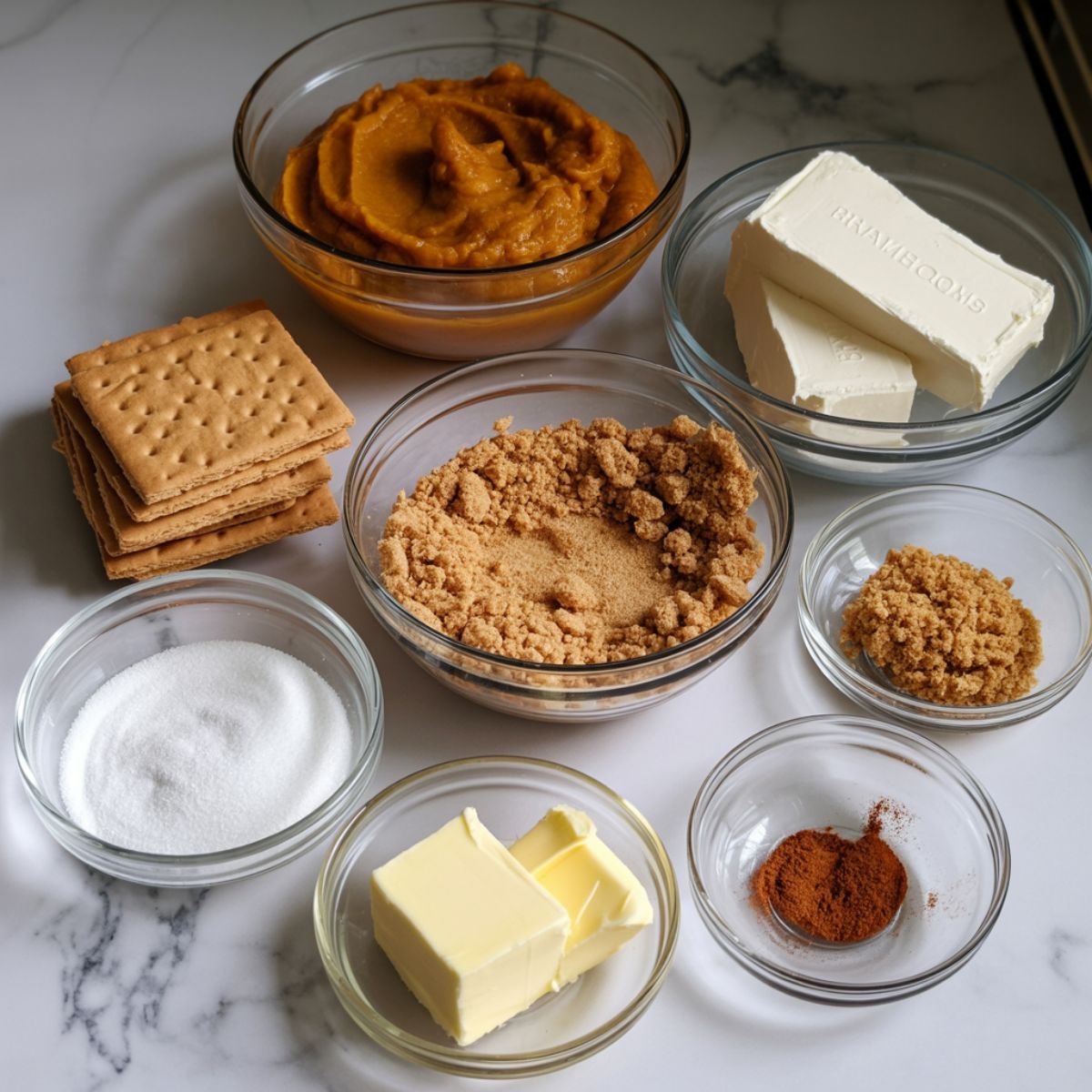 Overhead view of pumpkin spice cheesecake bites ingredients on a white marble kitchen counter, including cream cheese, pumpkin puree, graham crumbs, and spices in glass bowls.