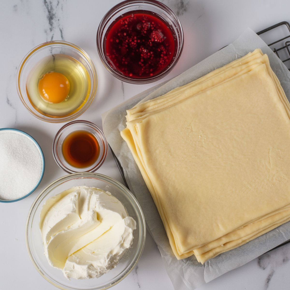 Overhead view of croissant dough triangles with sweet and savory fillings like jam, Nutella, and cheese on a white marble counter, homemade kitchen setting with natural light.