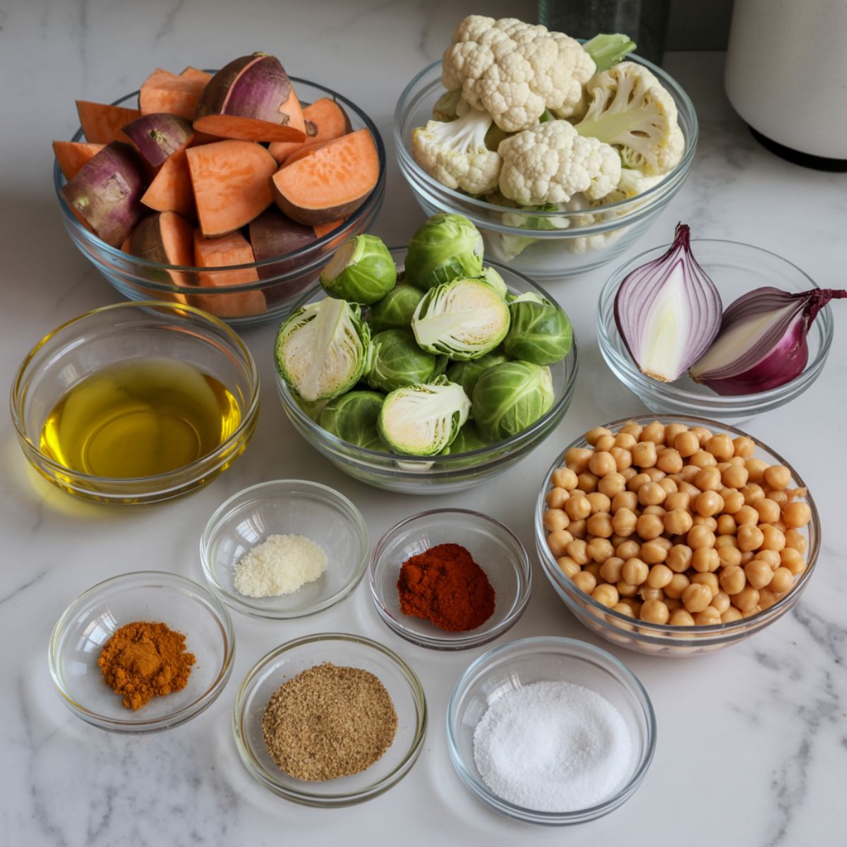 Overhead photo of raw roasted salad ingredients including sweet potatoes, cauliflower, Brussels sprouts, red onion, and seasonings on a white kitchen counter.