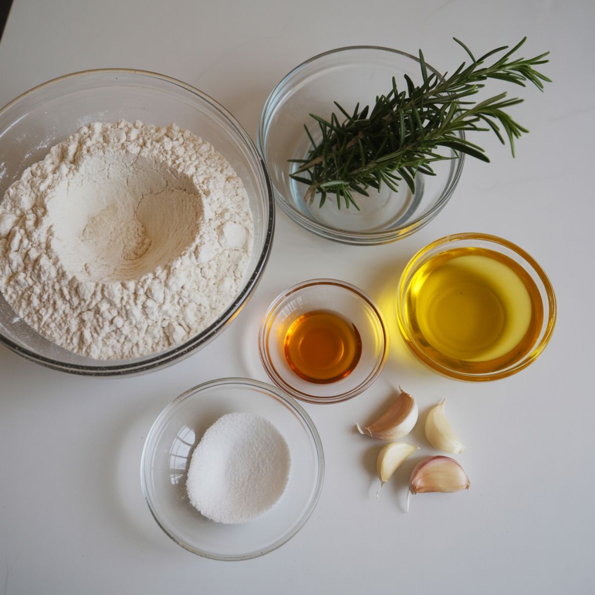 Overhead shot of rosemary bread ingredients including flour, rosemary sprigs, olive oil, honey, yeast, and garlic on a white kitchen counter.