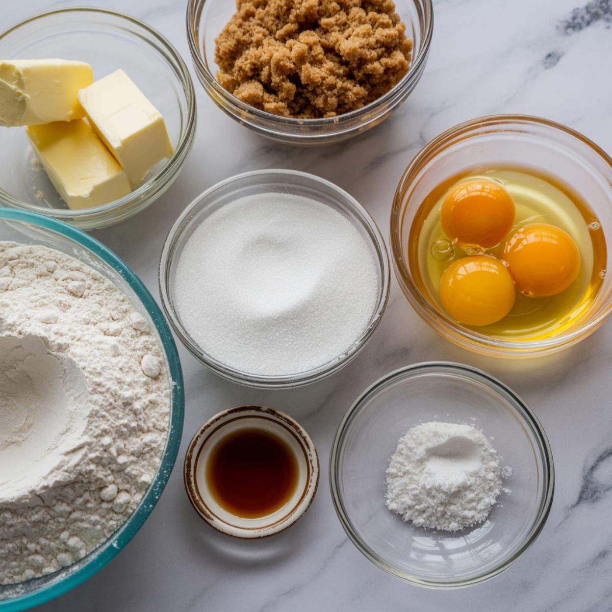 Overhead view of salted caramel cake ingredients like butter, brown sugar, eggs, and flour scattered naturally on a white kitchen counter.