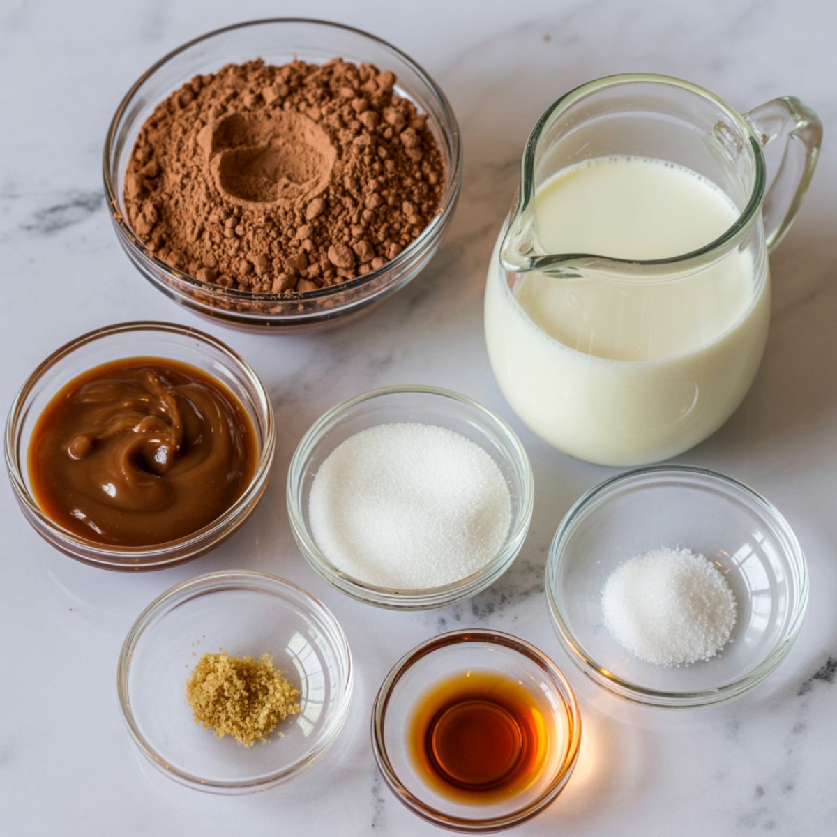Overhead view of salted caramel hot cocoa ingredients laid out on a white kitchen counter, including cocoa powder, caramel sauce, milk, sugar, vanilla, and sea salt.
