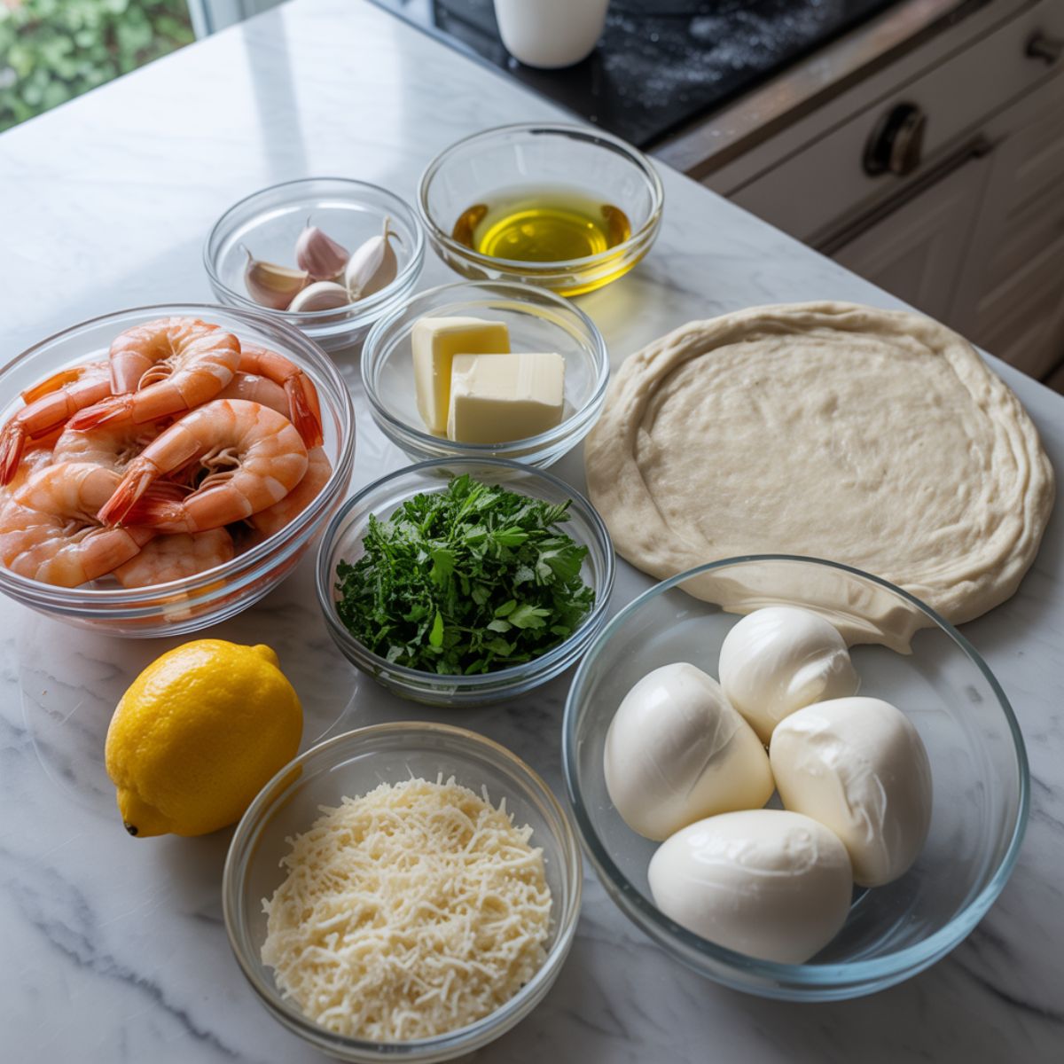 Overhead photo of shrimp scampi pizza ingredients — shrimp, garlic, butter, lemon, parsley, cheese, and dough — on a white marble counter in a casual homemade setup.