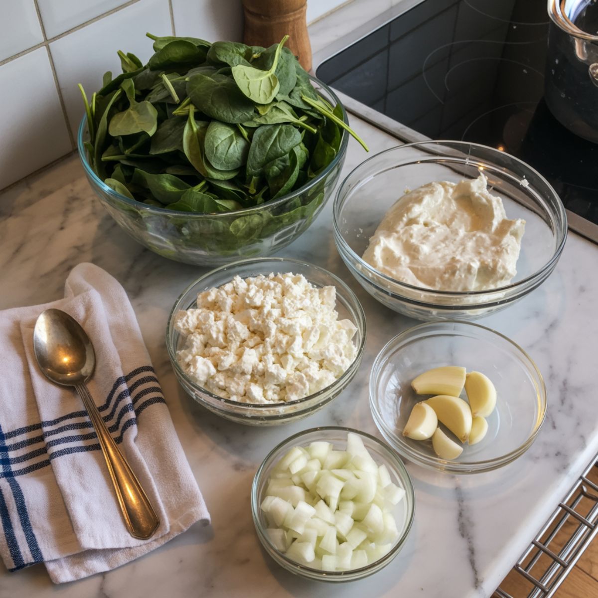 Overhead image of spinach, feta, and ricotta ingredients in a mixing bowl on a white marble counter with a natural, homemade kitchen feel.