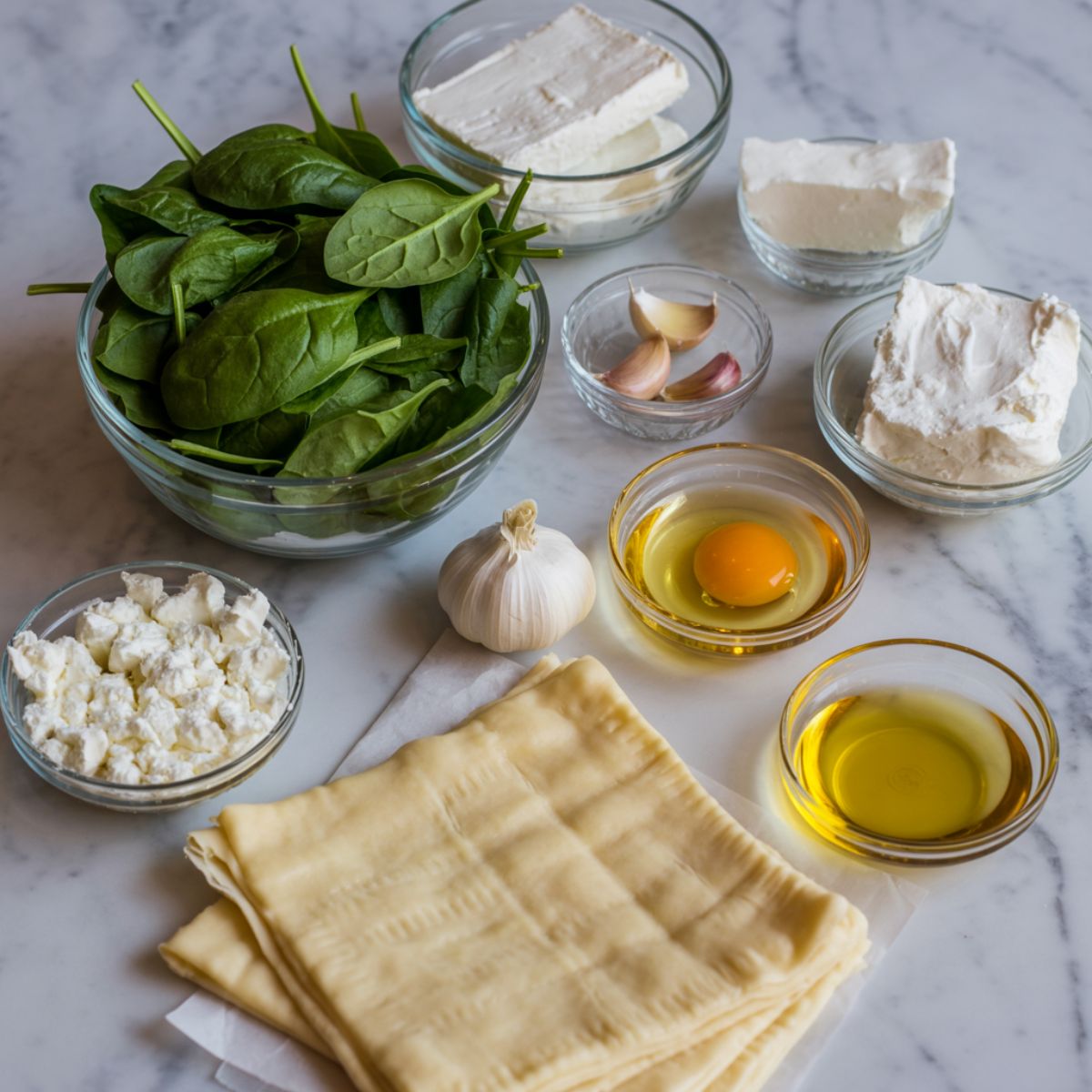 Overhead shot of spinach puff pastry ingredients on a white marble counter — spinach, cheeses, garlic, egg, and puff pastry sheets arranged casually for a homemade feel.