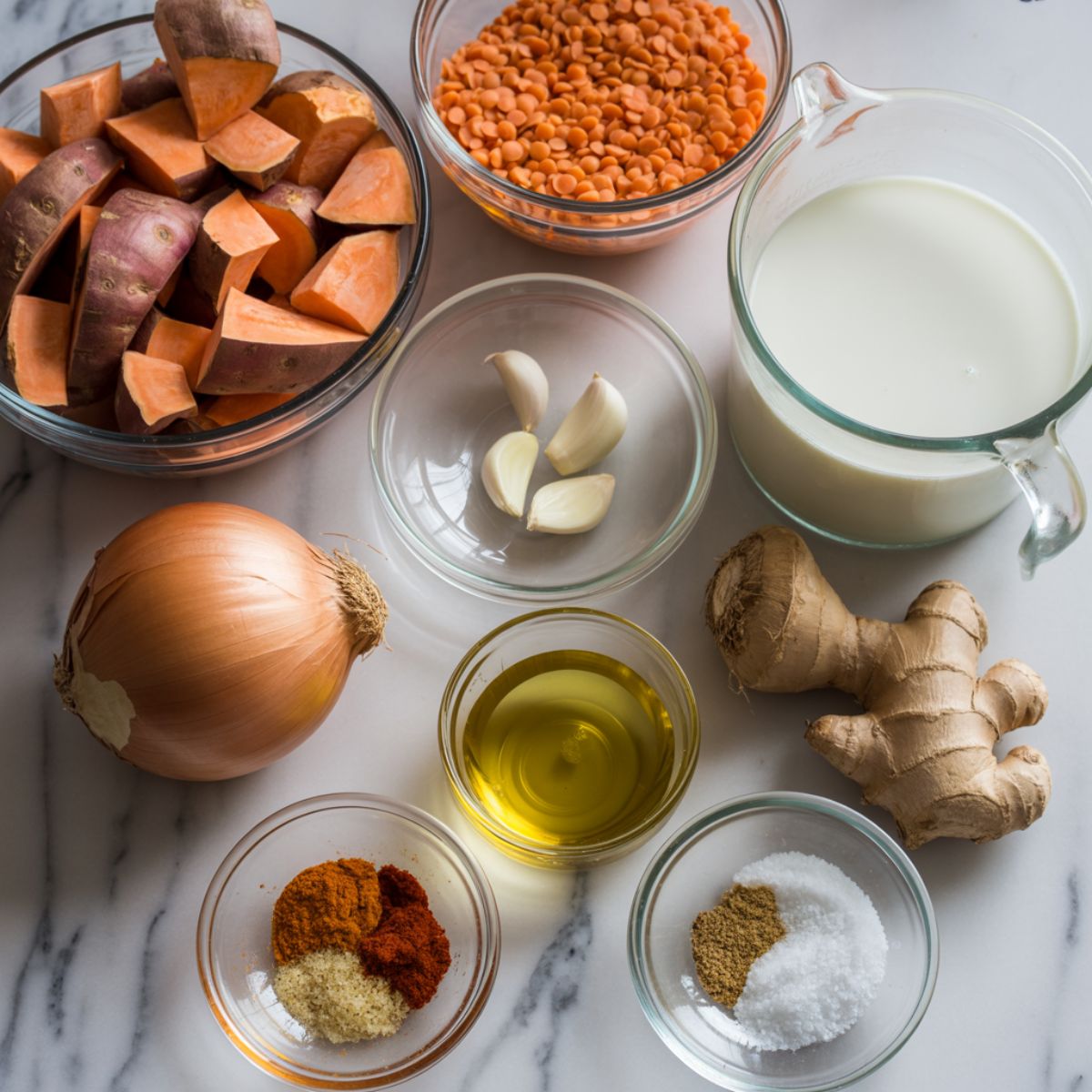 Overhead view of sweet potato, red lentils, coconut milk, garlic, and spices laid out on a white kitchen counter for a homemade soup recipe.
