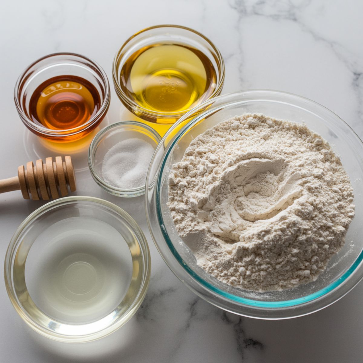 Overhead view of whole wheat sandwich bread ingredients on a white kitchen counter, including flour, honey, olive oil, yeast, salt, and water in glass bowls.