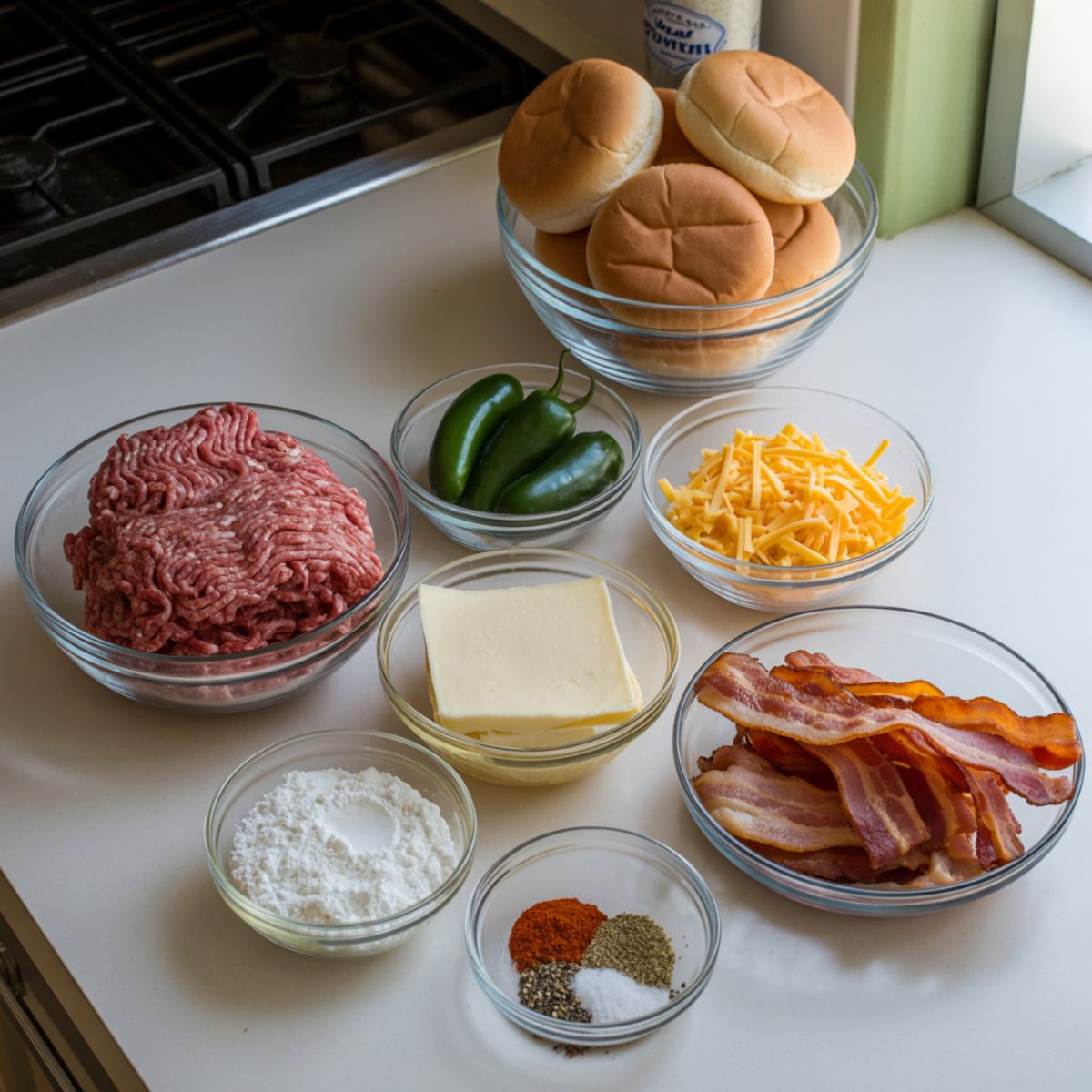 Overhead shot of jalapeño burger ingredients including ground beef, jalapeños, cheddar, cream cheese, and bacon on a white kitchen counter — casual homemade setup.