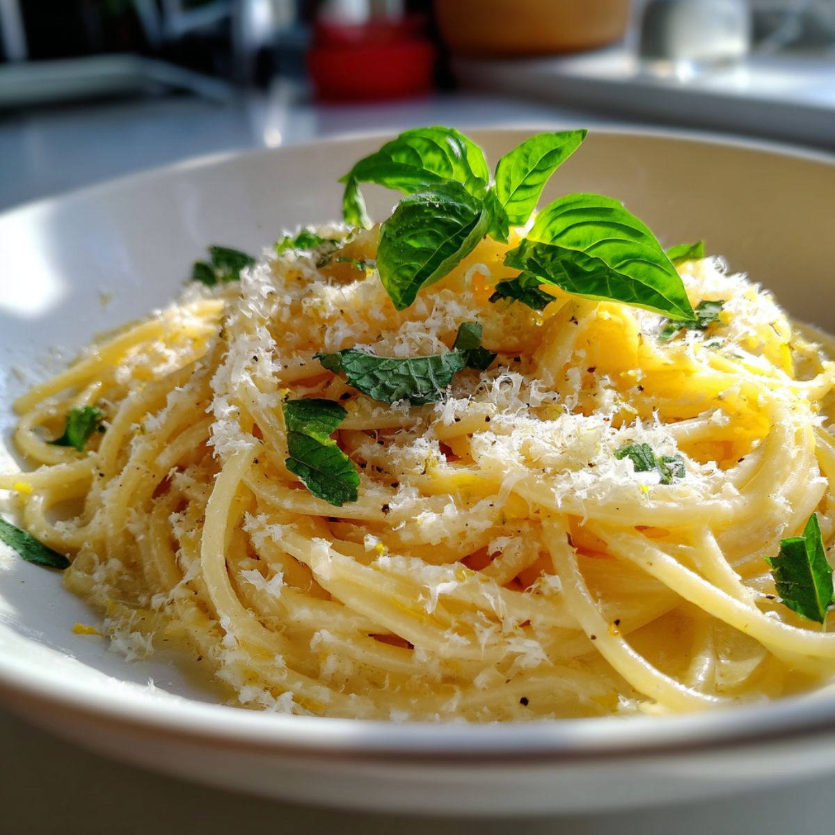 Overhead view of a homemade lemon spaghetti recipe dish with basil and parmesan on a white kitchen counter.