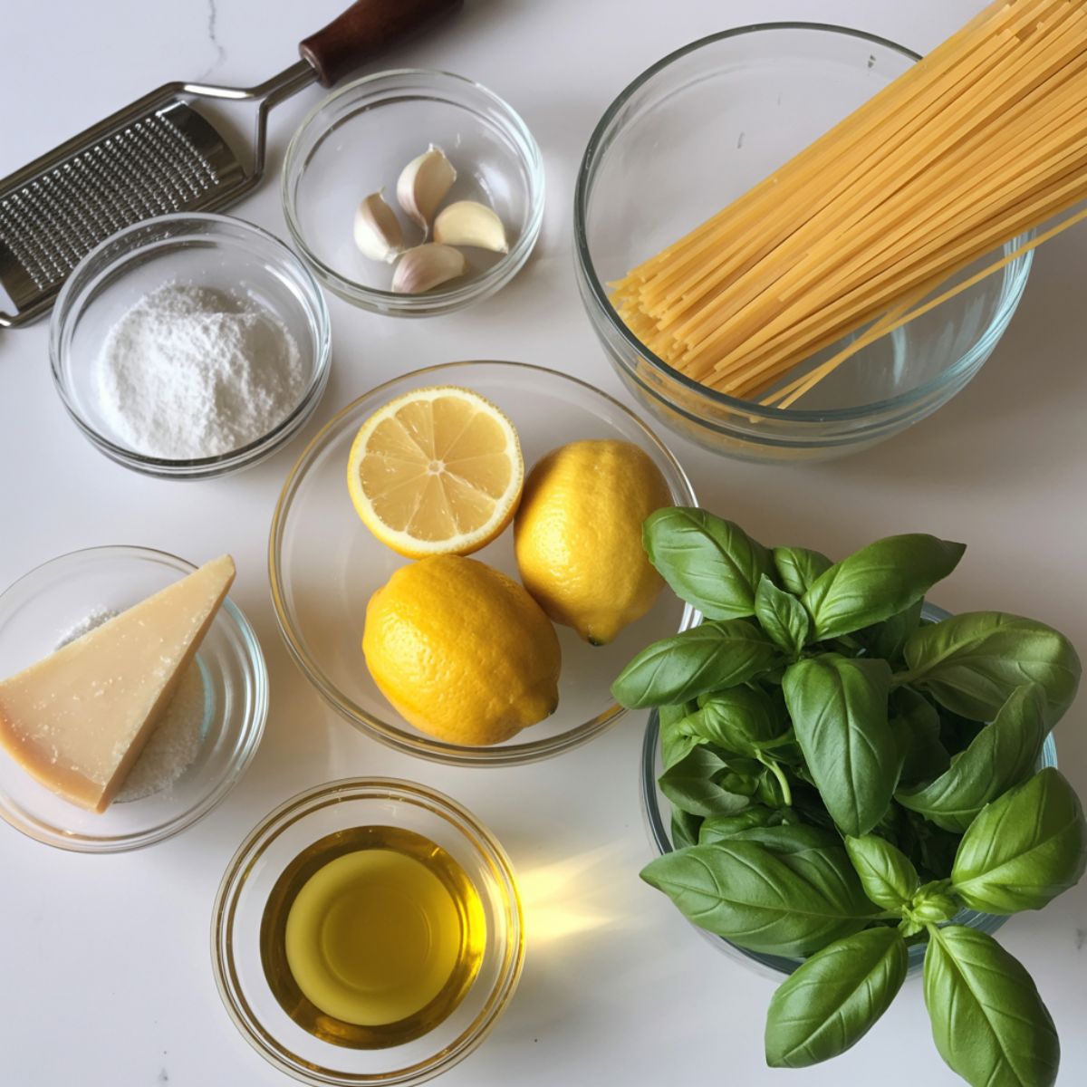 Overhead shot of spaghetti, lemons, garlic, parmesan, olive oil, and basil arranged casually on a white kitchen counter.
