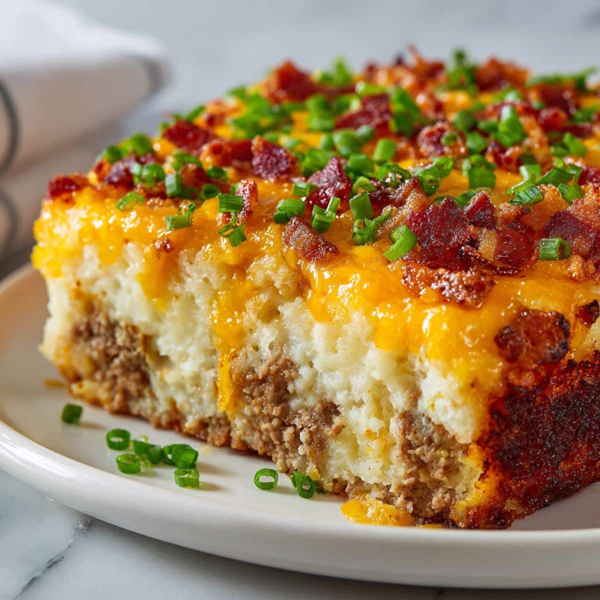 Loaded mashed potato meatloaf casserole recipe topped with melted cheese, crispy bacon, and green onions on a white marble counter.”