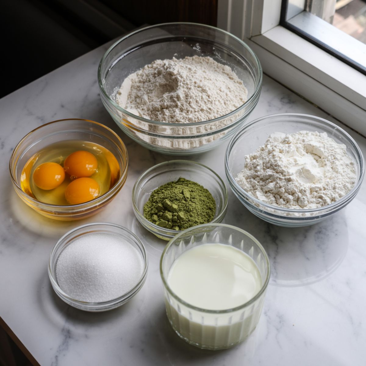 Overhead view of matcha cake roll ingredients — eggs, matcha powder, flour, sugar, milk, and whisk — on a white marble kitchen counter with a slightly messy homemade feel.