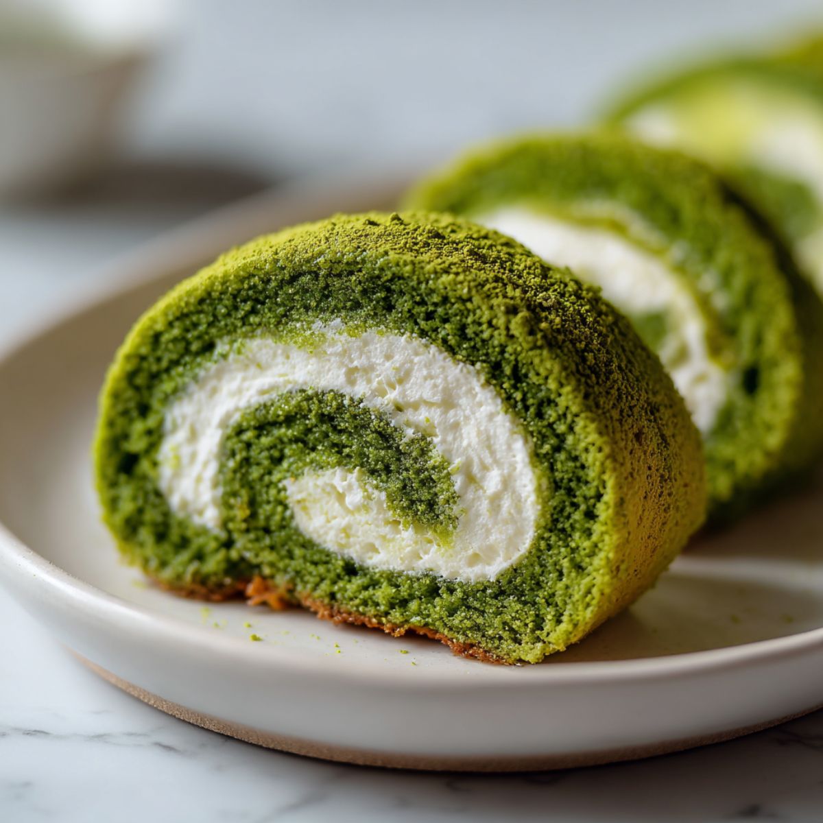 Overhead shot of a homemade matcha cake roll recipe sliced open on a white marble counter, showing its soft green tea sponge and creamy swirl filling.