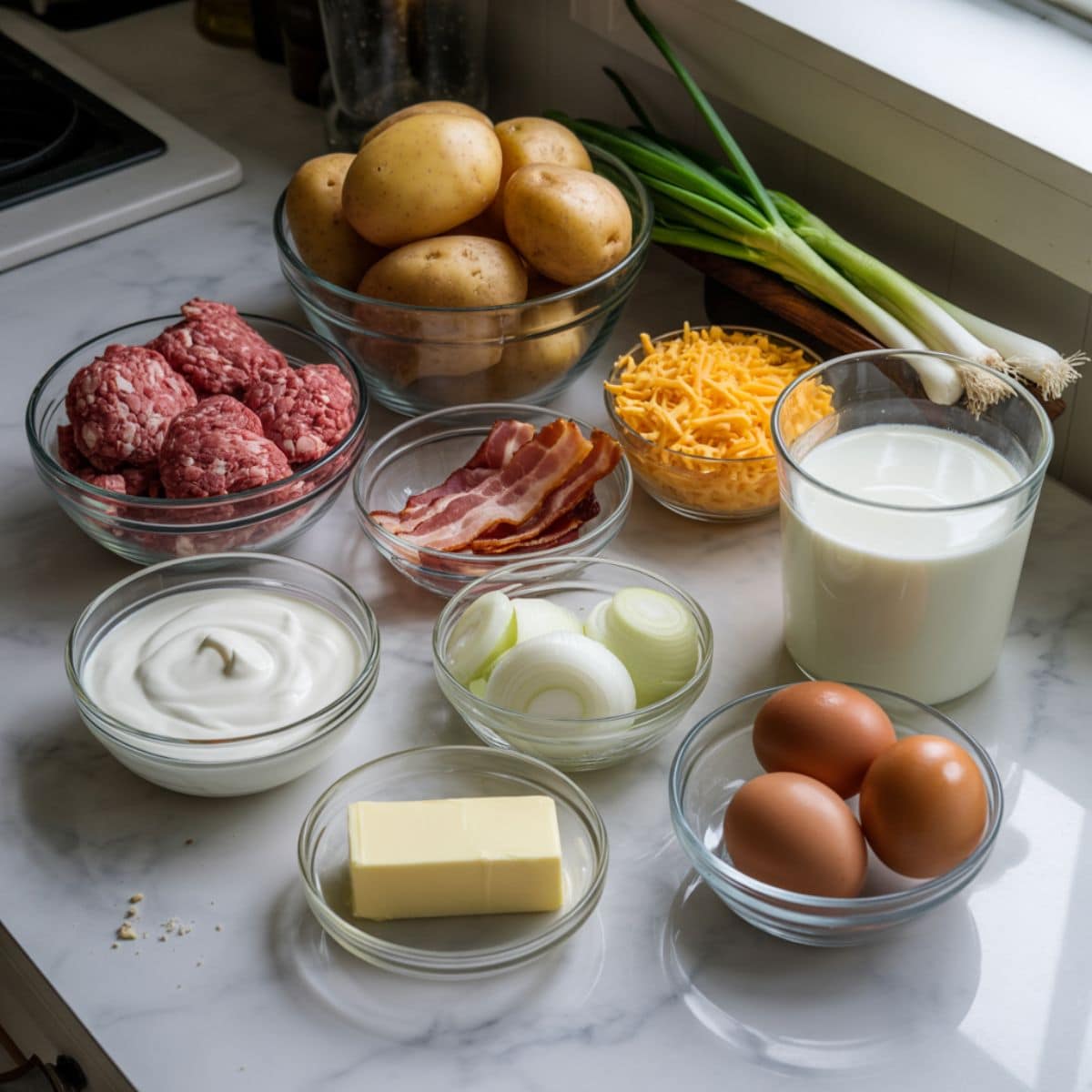 “Overhead view of ground beef, potatoes, cheese, bacon, sour cream, and other ingredients for homemade mashed potato meatloaf casserole on a white kitchen counter.”