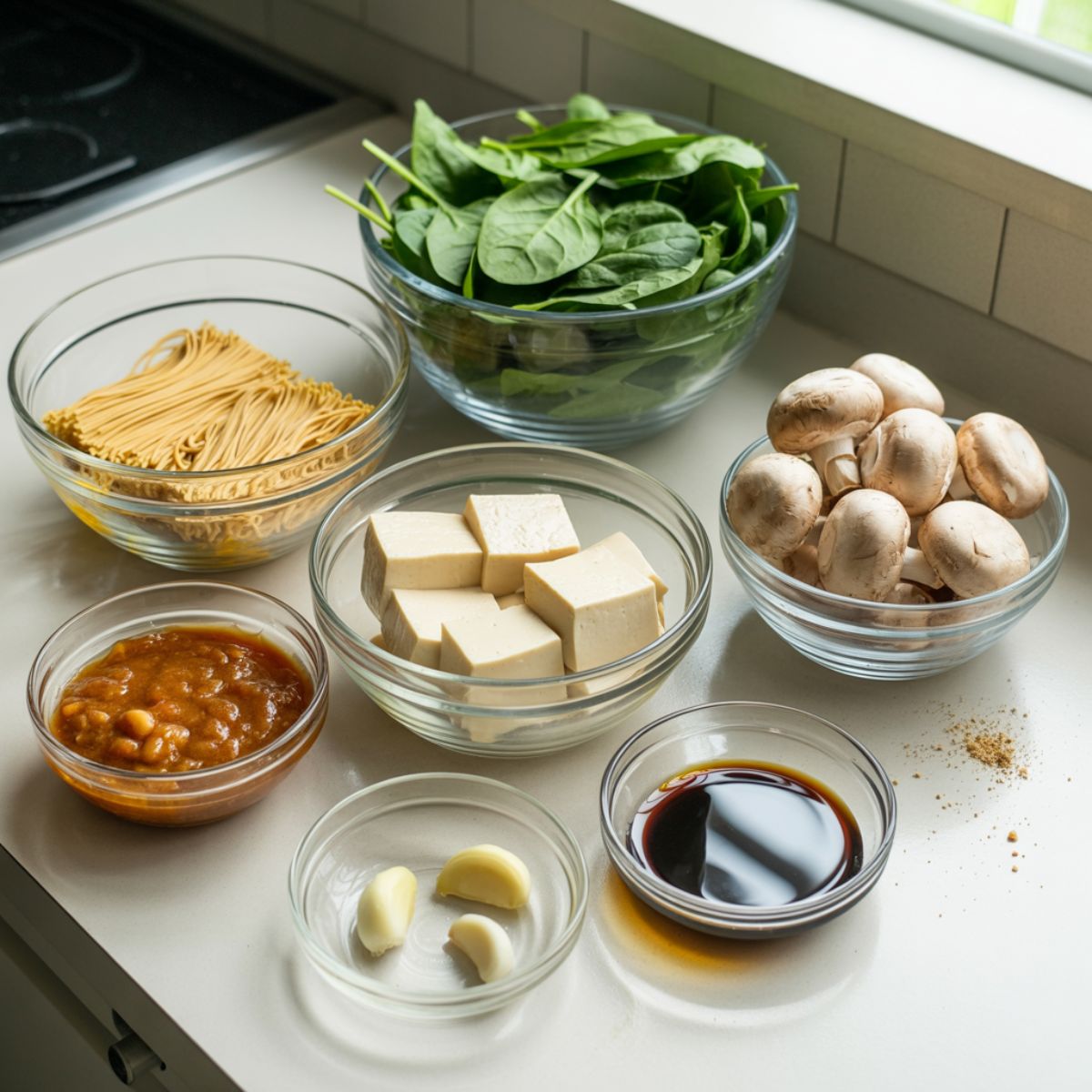 Overhead shot of miso noodle soup ingredients — miso paste, tofu, noodles, spinach, mushrooms, and seasonings — laid out casually on a white kitchen counter.