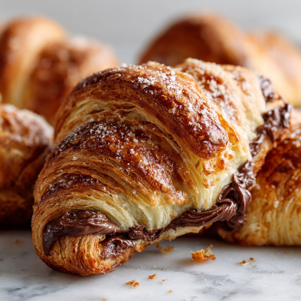 Overhead shot of golden homemade Nutella croissants recipe on a white kitchen counter, looking warm, flaky, and freshly baked with a cozy homemade feel.