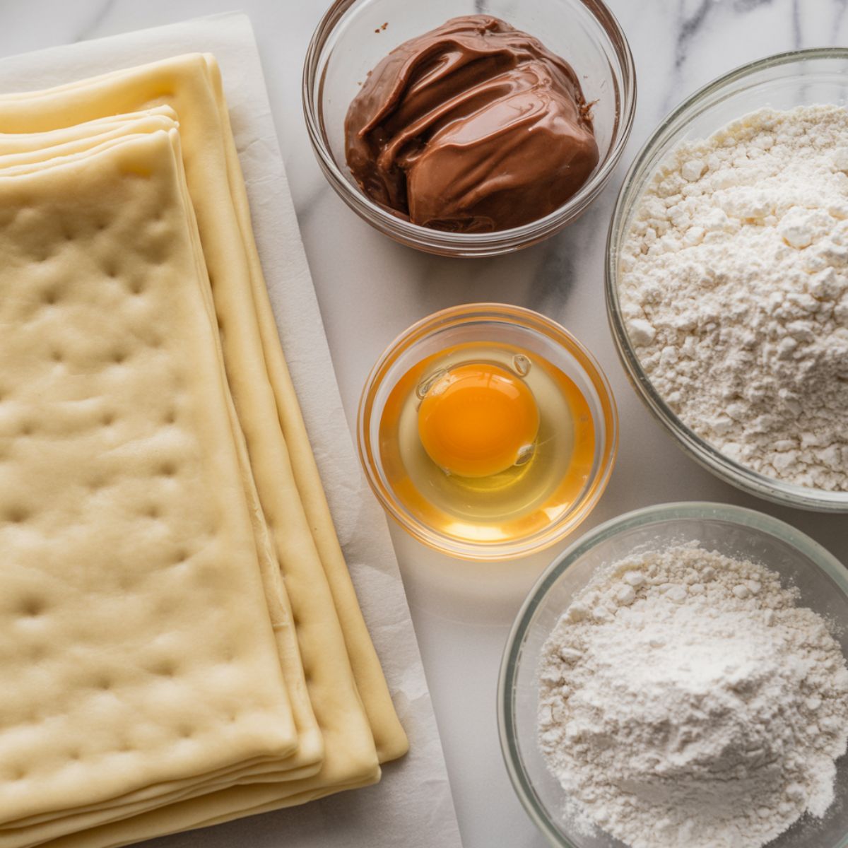 Overhead photo of Nutella croissant ingredients including puff pastry, Nutella jar, egg, and flour on a white marble counter, looking naturally homemade and slightly messy.