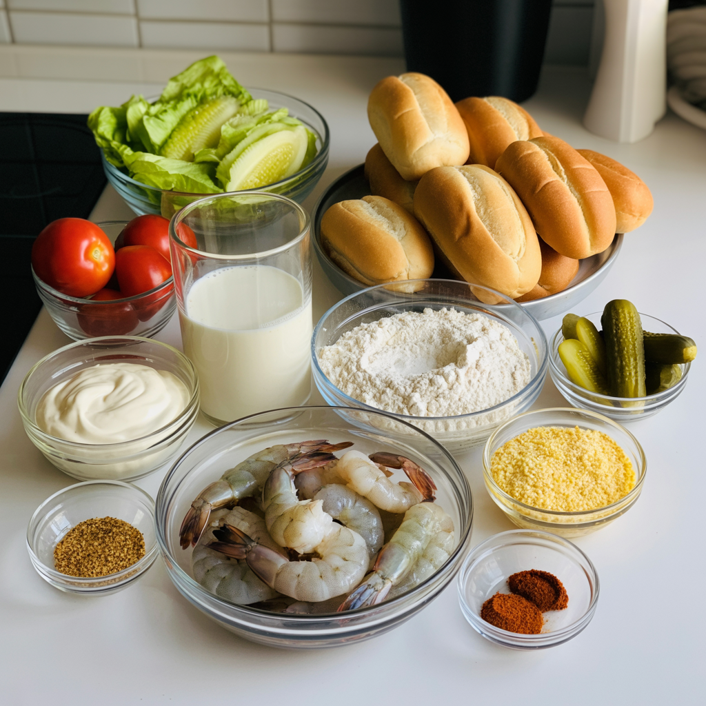Overhead view of homemade shrimp po’ boy sandwich ingredients laid out casually on a white kitchen counter: raw shrimp, flour, buttermilk, cornmeal, spices, French bread rolls, lettuce, tomato, pickles, and mayonnaise.