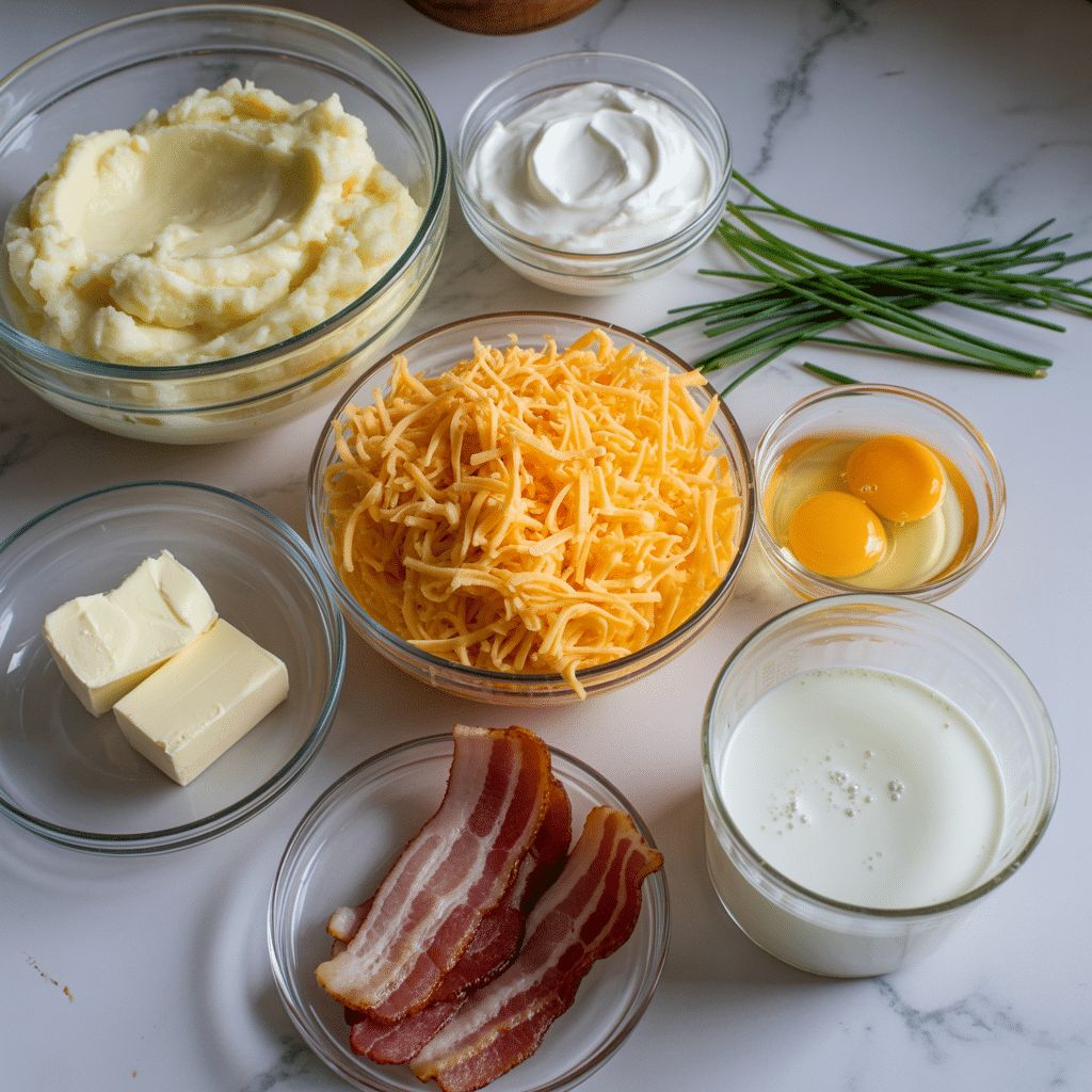Overhead photo of ingredients for mashed potato cups recipe including mashed potatoes, cheese, sour cream, eggs, butter, bacon, and chives on a white kitchen counter