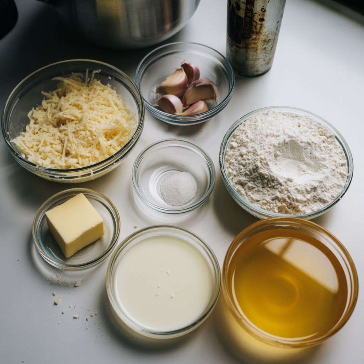 Flat lay of Parmesan soup ingredients on a white counter — grated cheese, garlic, butter, cream, and broth — photographed naturally with a homemade kitchen feel.
